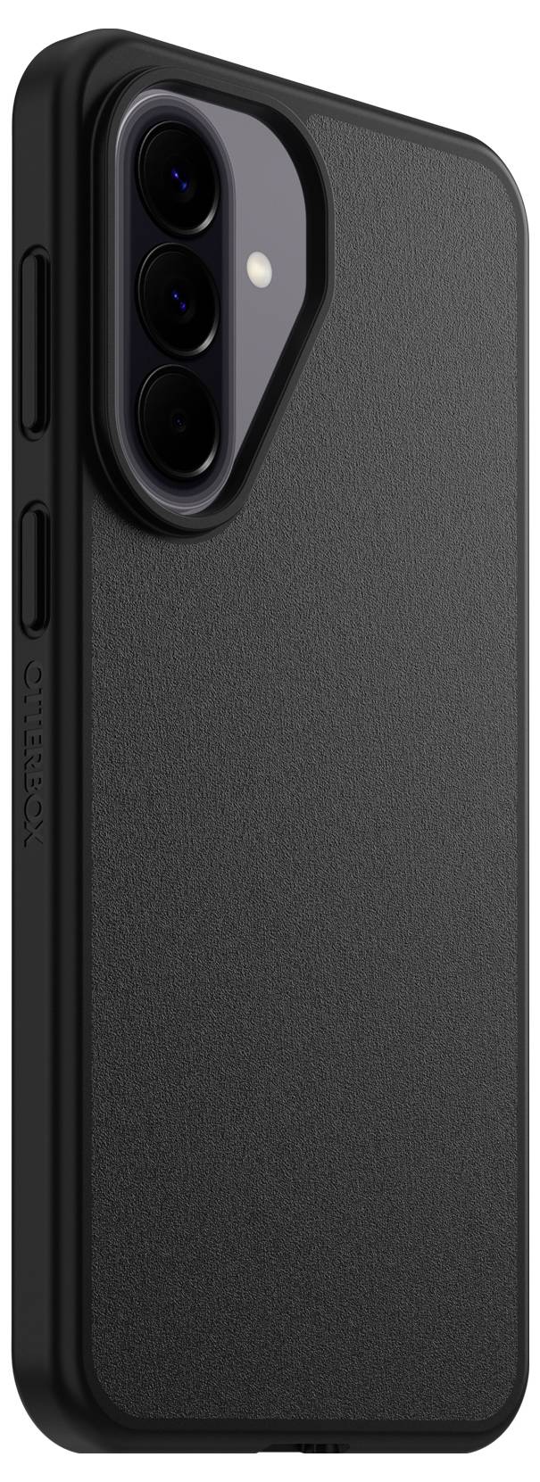 Schwarze strukturierte Smartphone-Hülle mit erhöbenem Triple-Kamera-Ausschnitt und seitlichen Tastaturabdeckungen, gezeigt auf weißem Hintergrund.