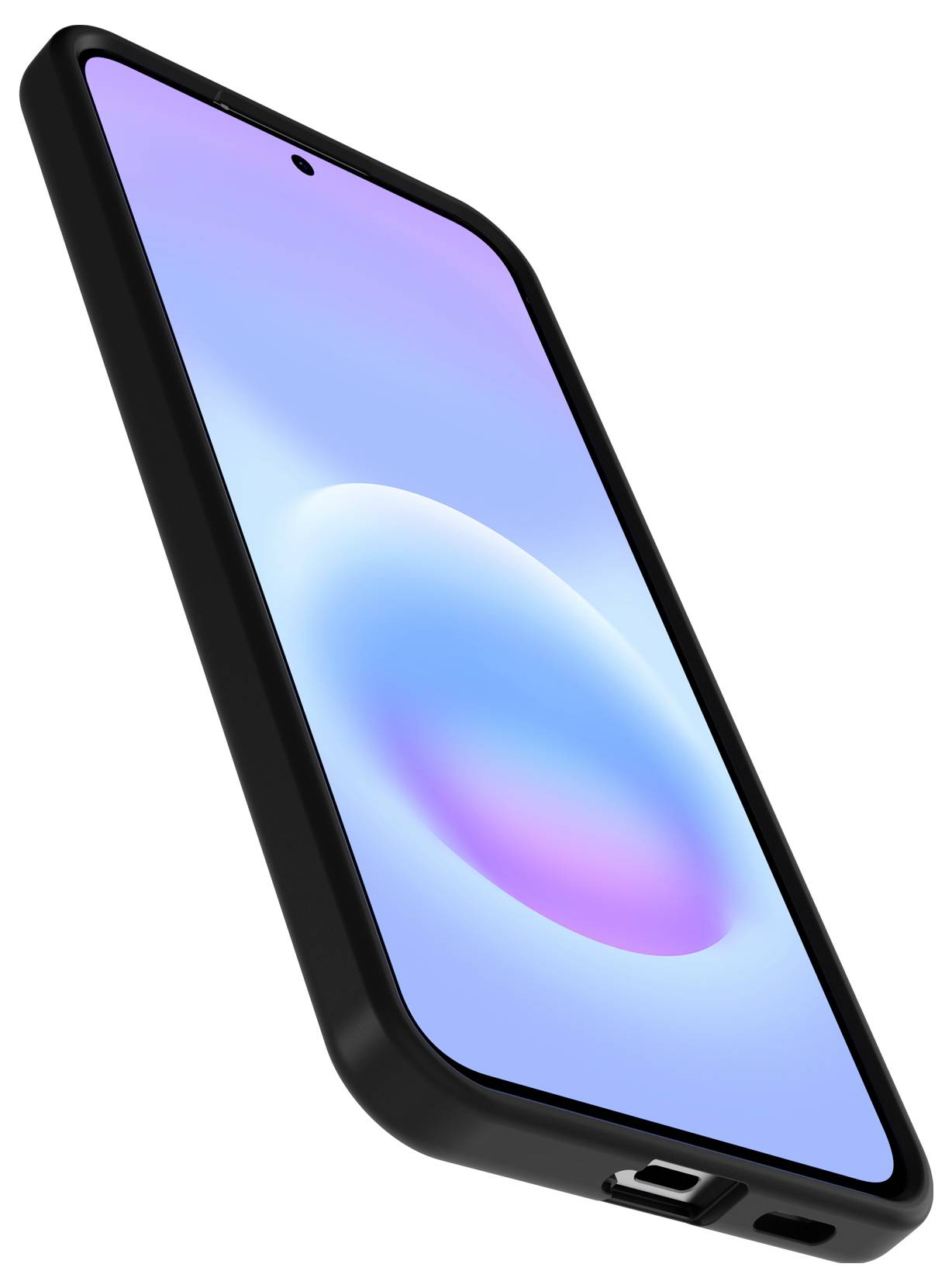 Angewinkeltes schwarzes Smartphone mit blauviolettem Farbverlauf auf dem Display und zentriertem Frontkamera-Loch, dargestellt auf weißem Hintergrund.