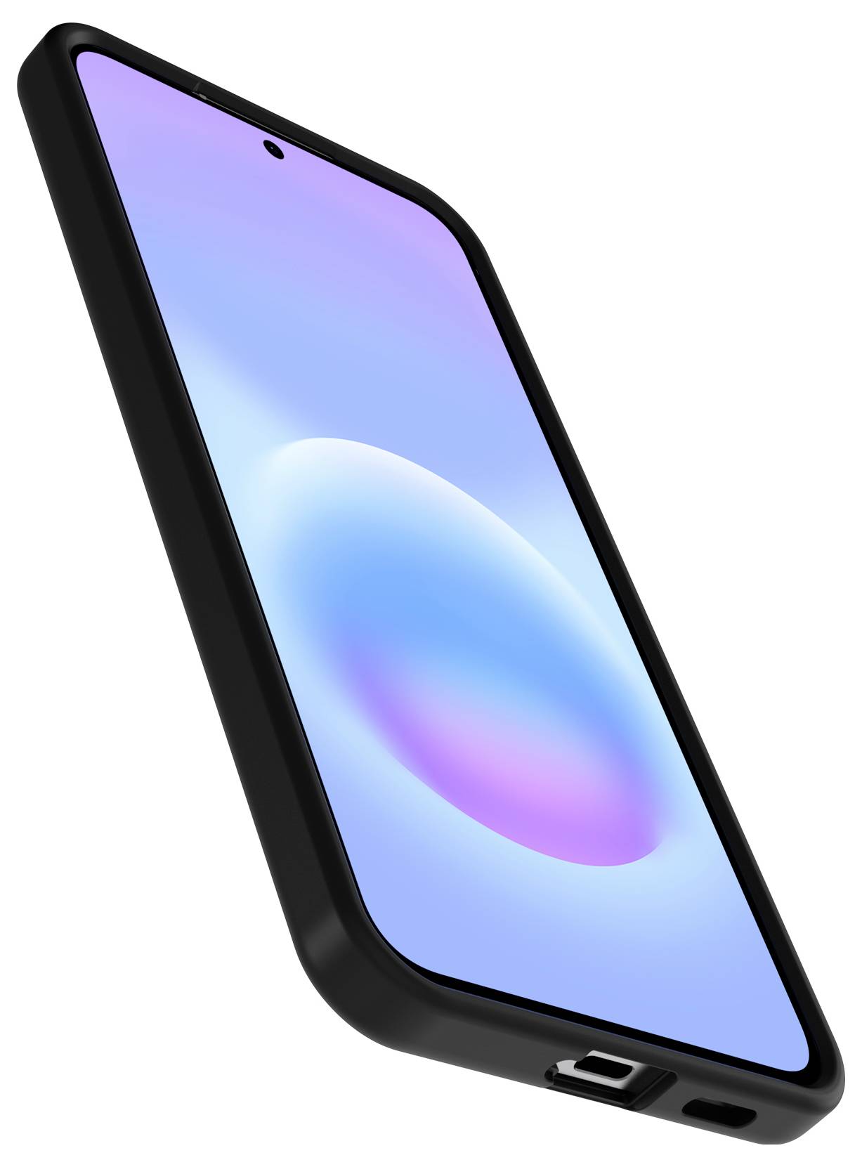 Schwarzes Smartphone in Schrägansicht mit blauem bis violettem Bildschirm und zentriertem Frontkamera-Ausschnitt.