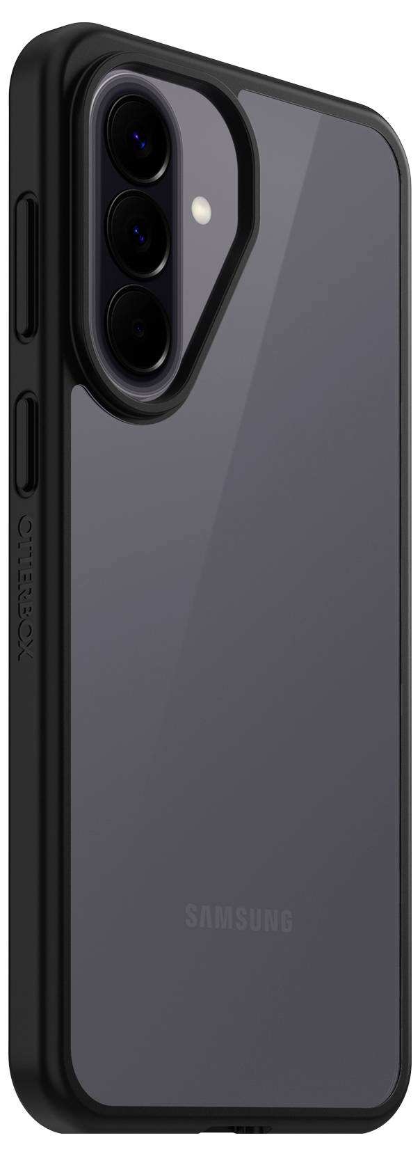 Nahaufnahme eines schwarzen Samsung-Smartphone-Schutzhülle mit Aussparung für die rückwärtige Kamera, die drei Objektive zeigt, und einer matten dunkelgrauen Rückseite.