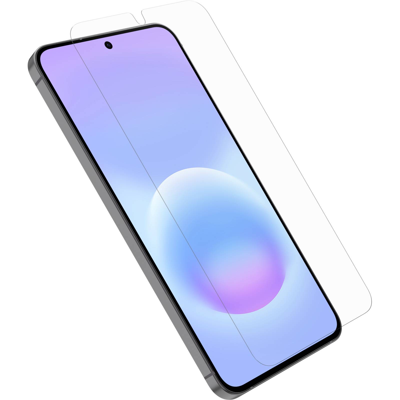 Geneigtes Smartphone mit einer klaren Displayschutzfolie, die über dem Display angebracht ist.