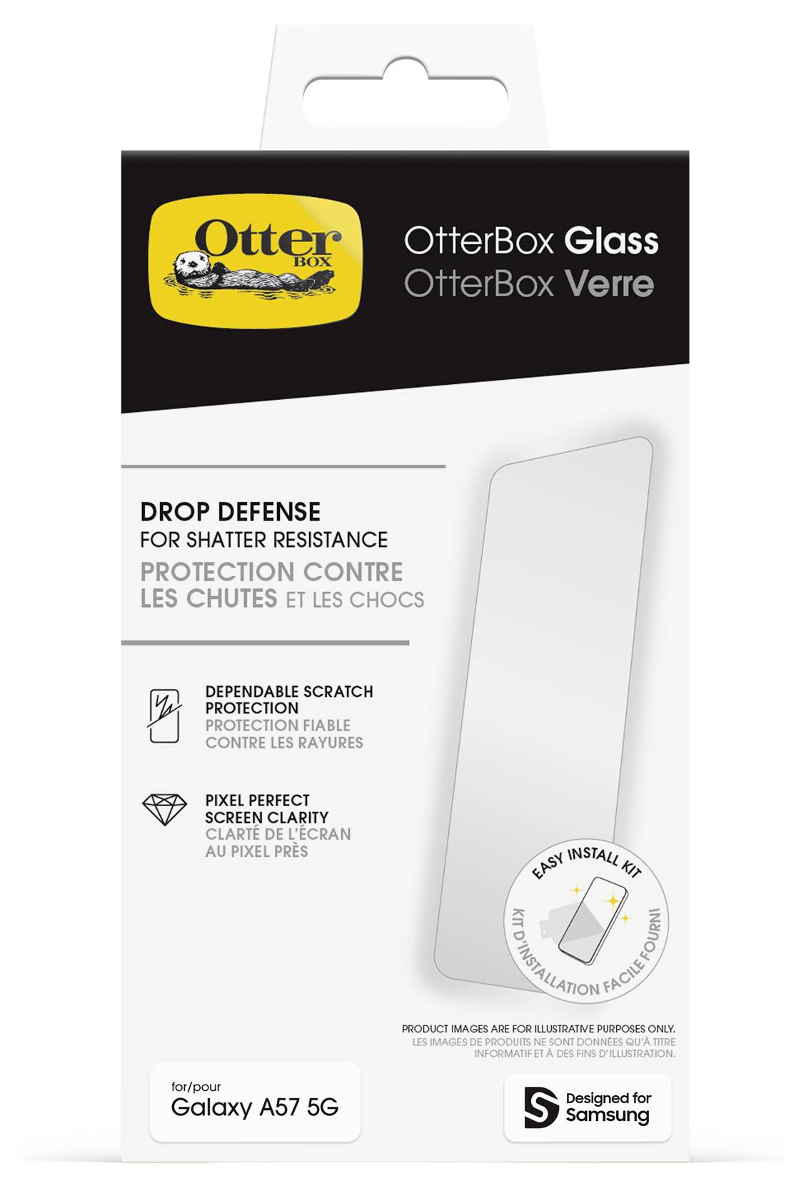 OtterBox Glasschutzfolie für Samsung Galaxy A57 5G, beschriftet mit „Drop Defense