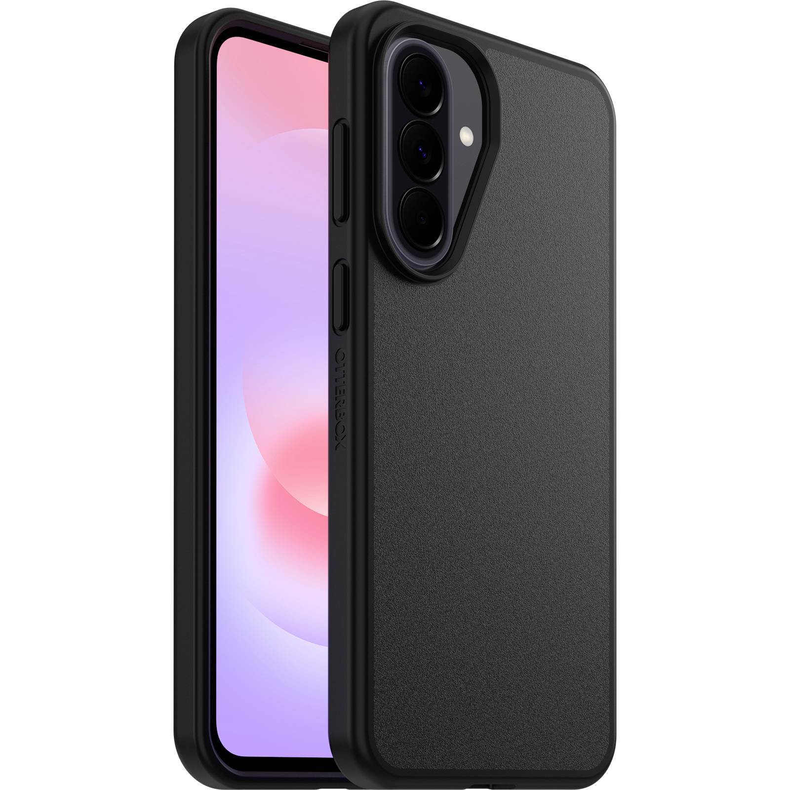 Schwarzes Smartphone in einer matten Schutzhülle, von vorne und hinten gezeigt mit dreifacher Ausschnitt für die hintere Kamera.