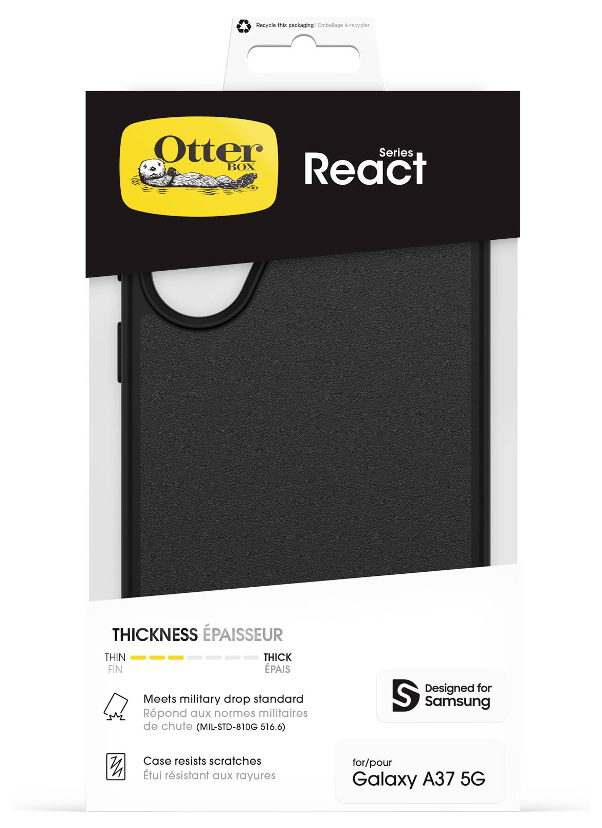 OtterBox React Handyhülle für Samsung Galaxy A37 5G, zeigt ein schwarzes, schlankes Gehäuse und das Branding „Designed for Samsung