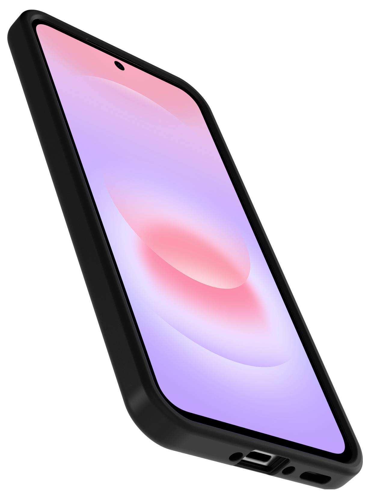 Ein schwarzes Smartphone, das in einem Winkel gezeigt wird, mit einem rosa und violetten Bildschirm und sichtbarem Ladeanschluss sowie Lautsprecher-Aussparungen.