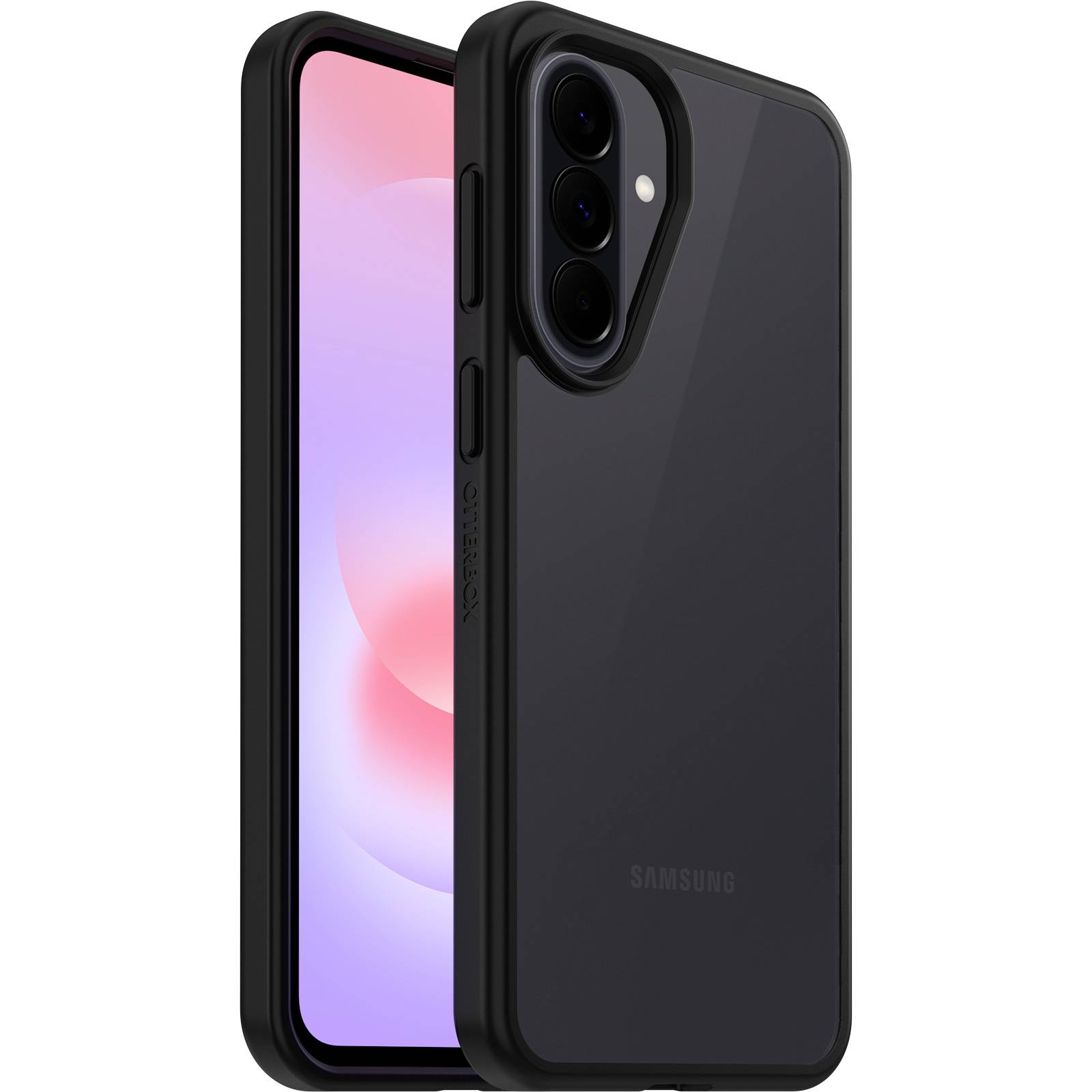 Schwarzes Samsung-Smartphone in einem schlanken Schutzetui, von vorne und hinten auf weißem Hintergrund mit dreifacher Rückkamera gezeigt.