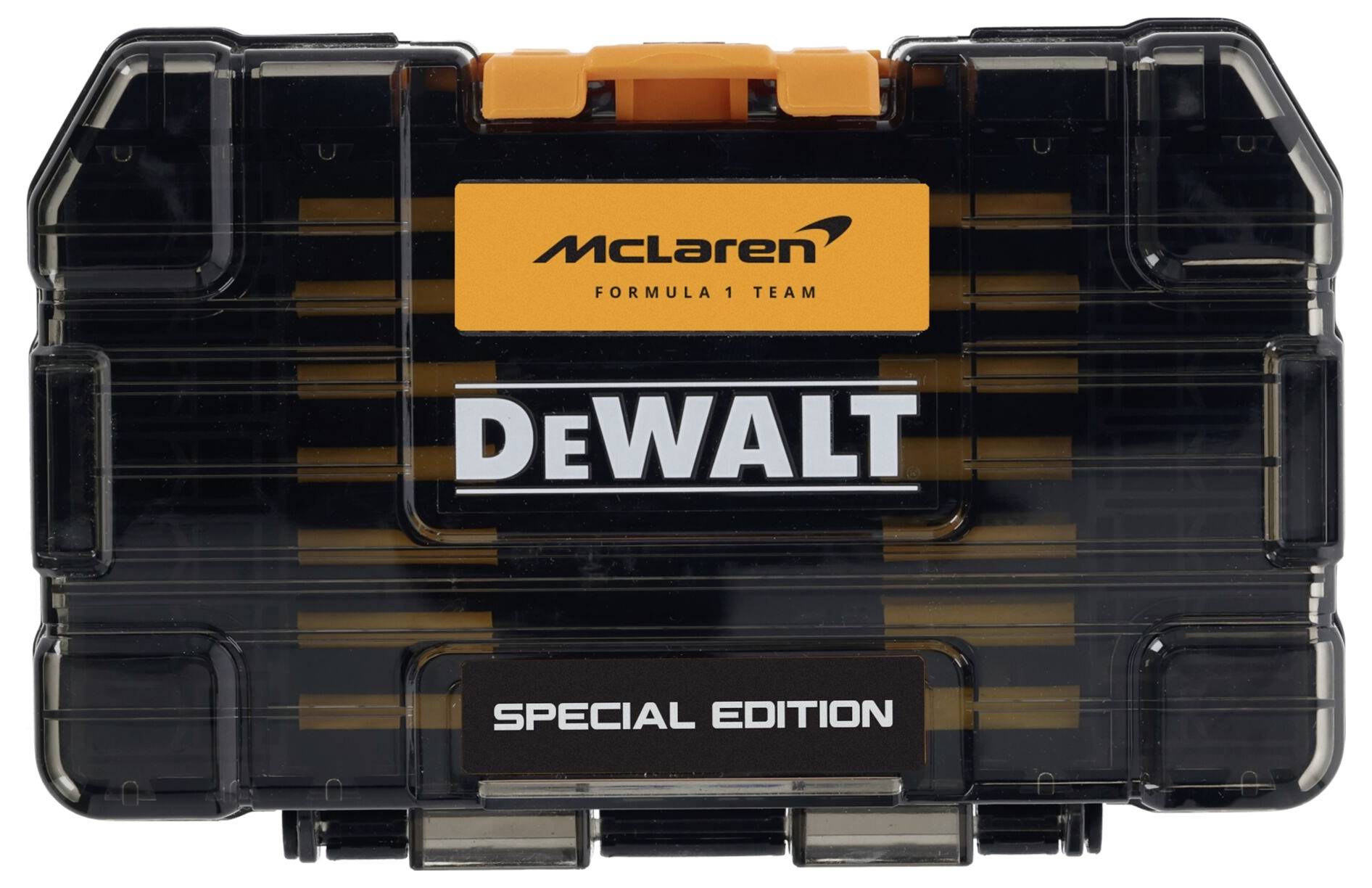 Schwarzer DeWALT Spezial-Edition Werkzeugkoffer mit McLaren Formel-1-Team-Branding und orangefarbenem Riegel.