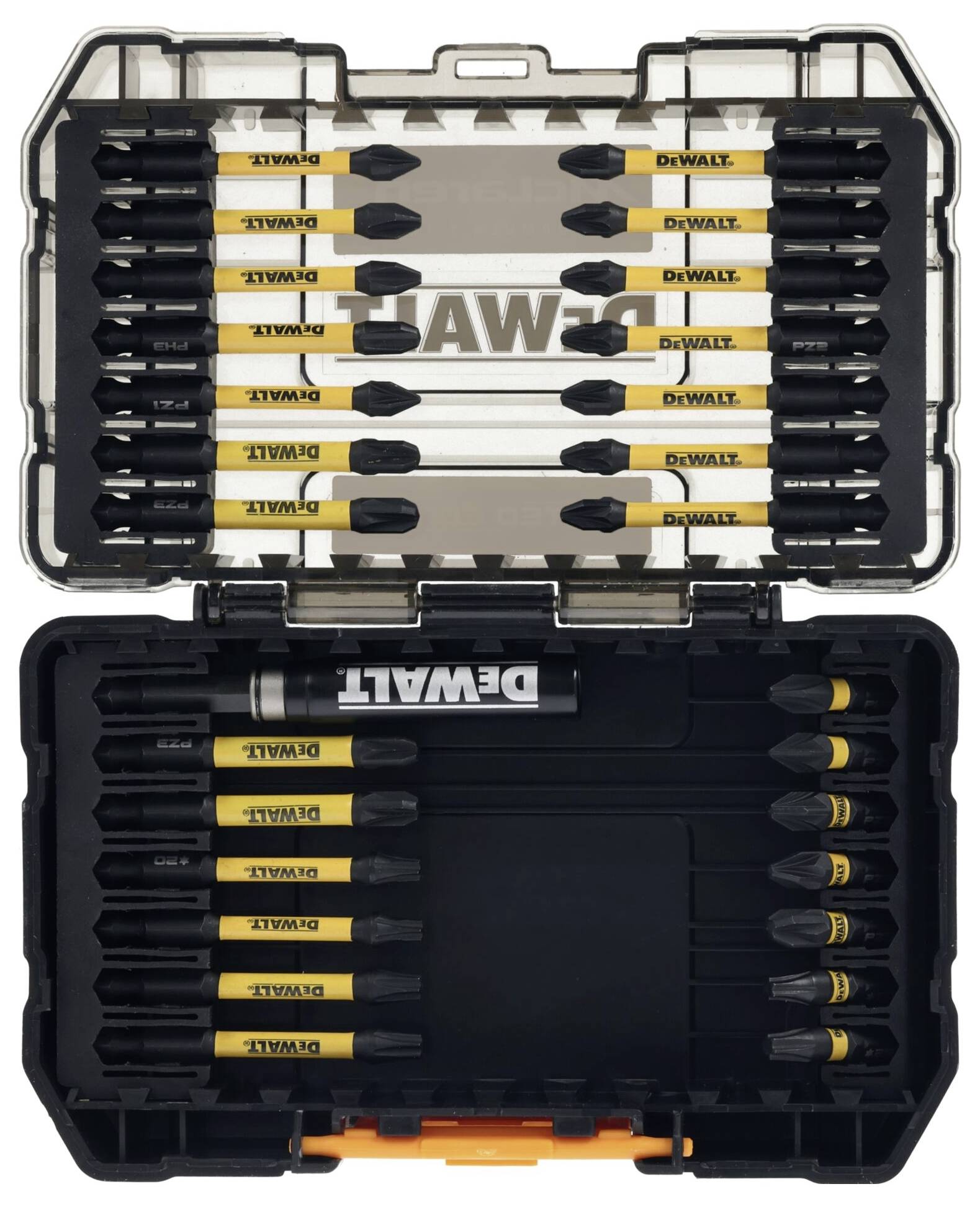 Zwei DeWalt-Schraubendreher-Bitsets in offenen Kunststoffkoffern, die verschiedene gelb-schwarze Bits im Inneren organisiert zeigen.