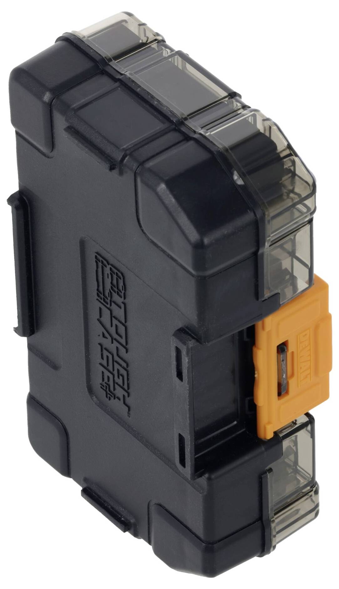 Schwarzer elektrischer Leistungsschalter mit durchsichtigen Endkappen und einem orangefarbenen Seitenschalter