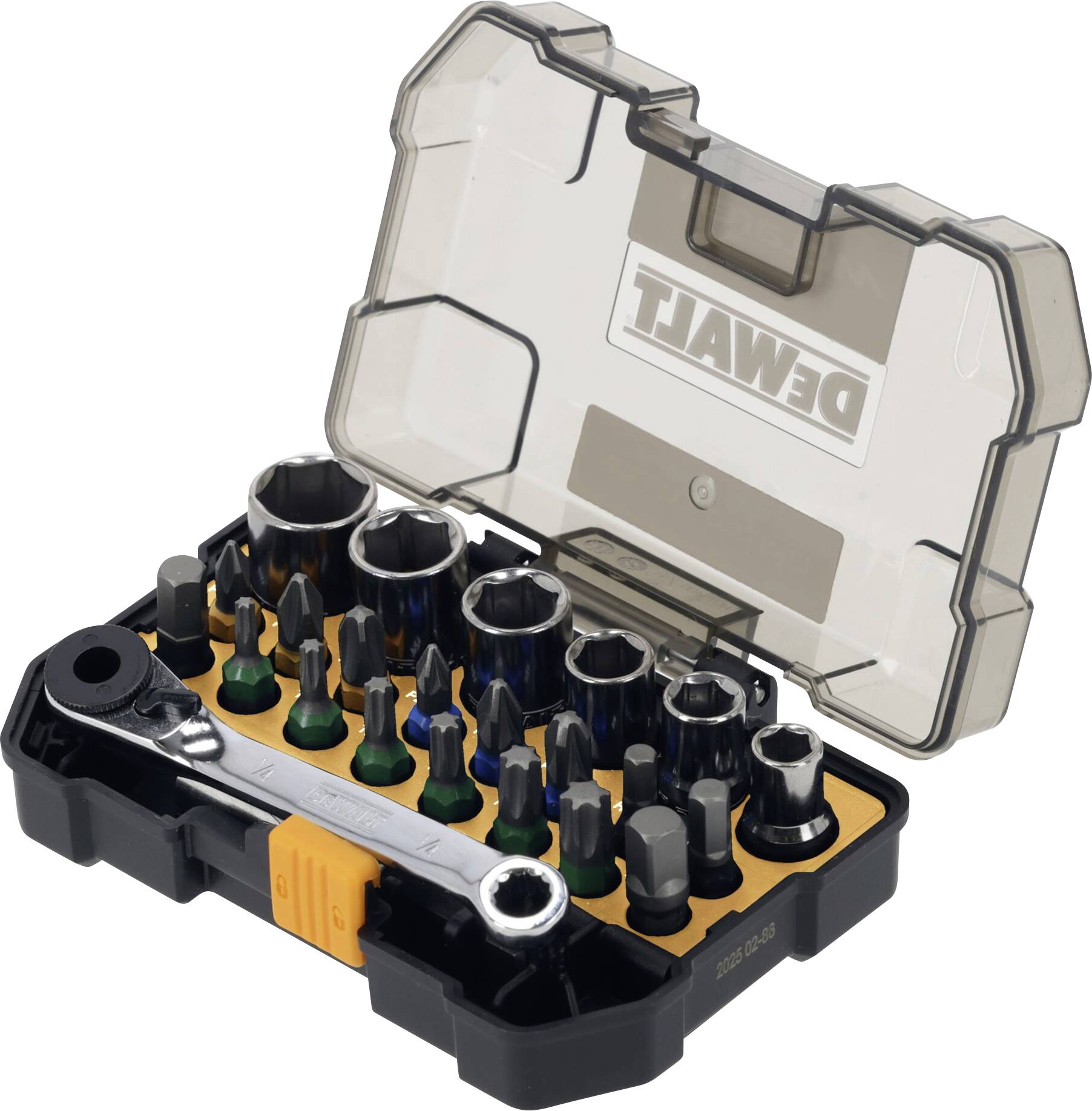 DeWalt Steckschlüssel- und Schraubendreher-Bit-Set in einem Tragekoffer mit transparentem Deckel, mit sortierten Steckschlüsseln, Bits und einem Ratschenschlüssel, angeordnet in einem Schaumstoff-Tablett.