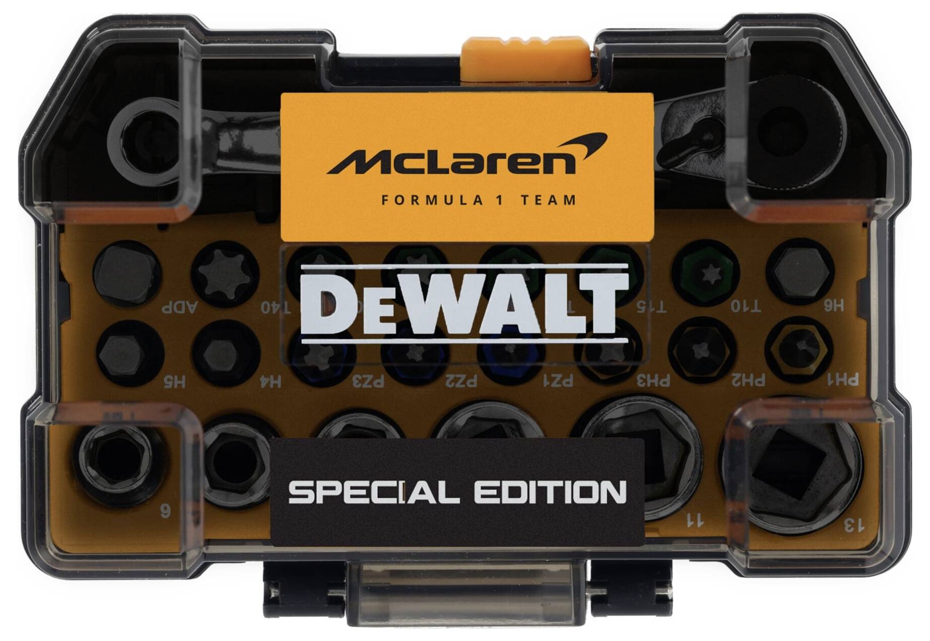 McLaren Formula-1-Team DEWALT Spezialausgabe Steckschlüssel- und Bitset in einem transparenten Aufbewahrungskoffer.