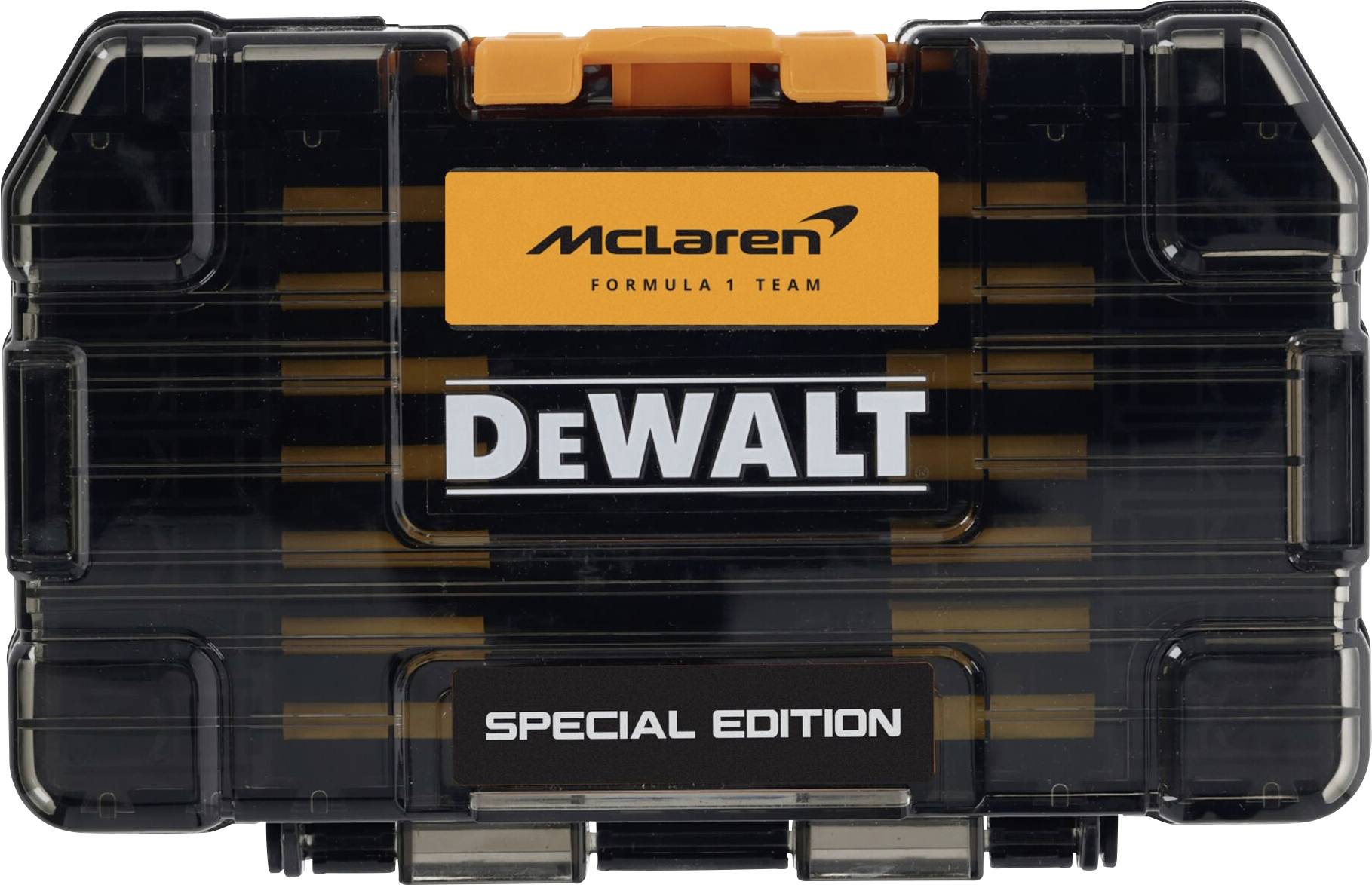 Schwarzer DEWALT Spezialeditions-Koffer mit orangem McLaren Formel-1-Team-Branding auf der Vorderseite