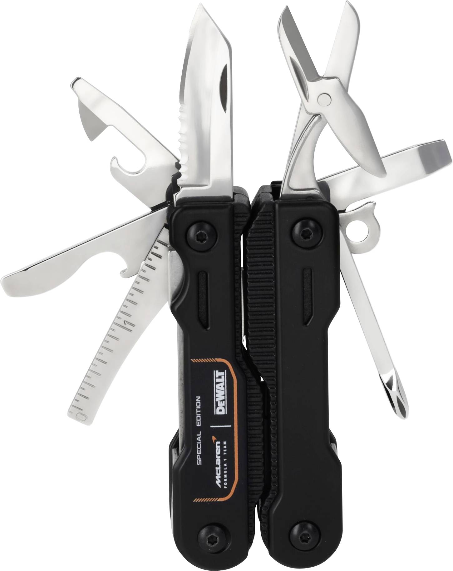 Multitool mit zwei schwarzen Griffen und mehreren ausgeklappten Werkzeugen aus Edelstahl, einschließlich eines Messers, einer Zange, einer Schere, eines Flaschenöffners, einer Säge, eines Lineals und eines Schraubendrehers.