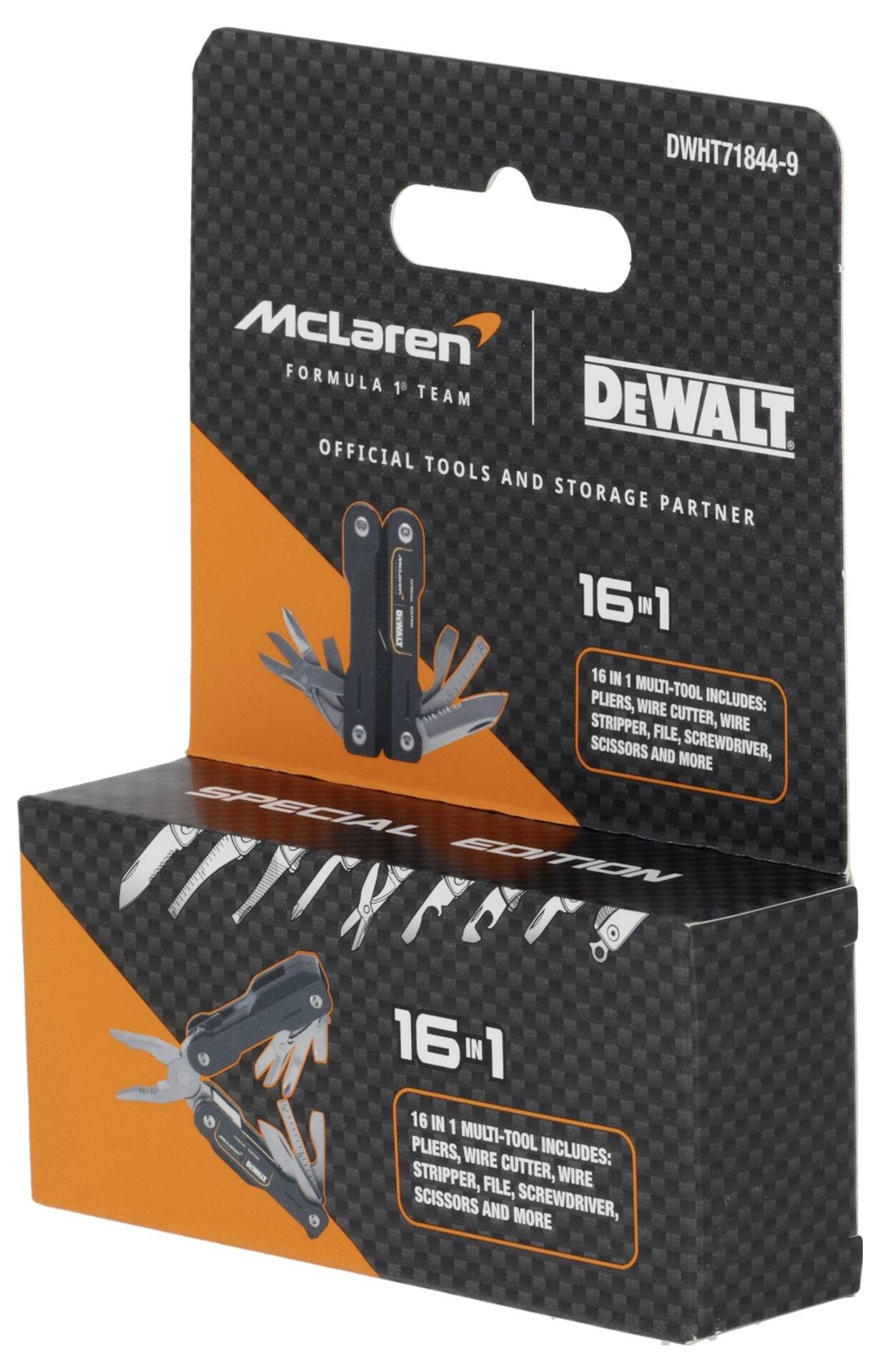 DEWALT McLaren Formel-1-Team 16-in-1-Multitool Einzelhandelsverpackung, zeigt das zusammengeklappte Werkzeug und listet enthaltene Funktionen auf.