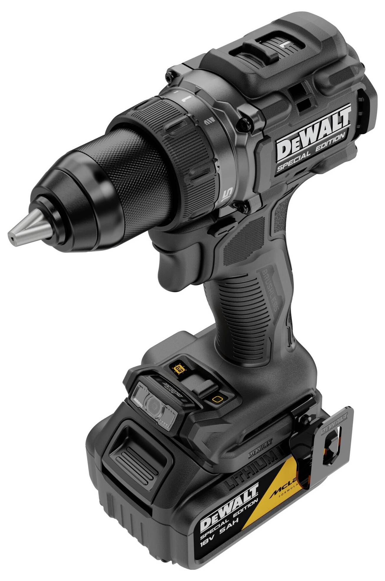 Schwarze DEWALT kabellose Bohrmaschine/Bohrschrauber mit Akku, in Seitenansicht auf weißem Hintergrund dargestellt.