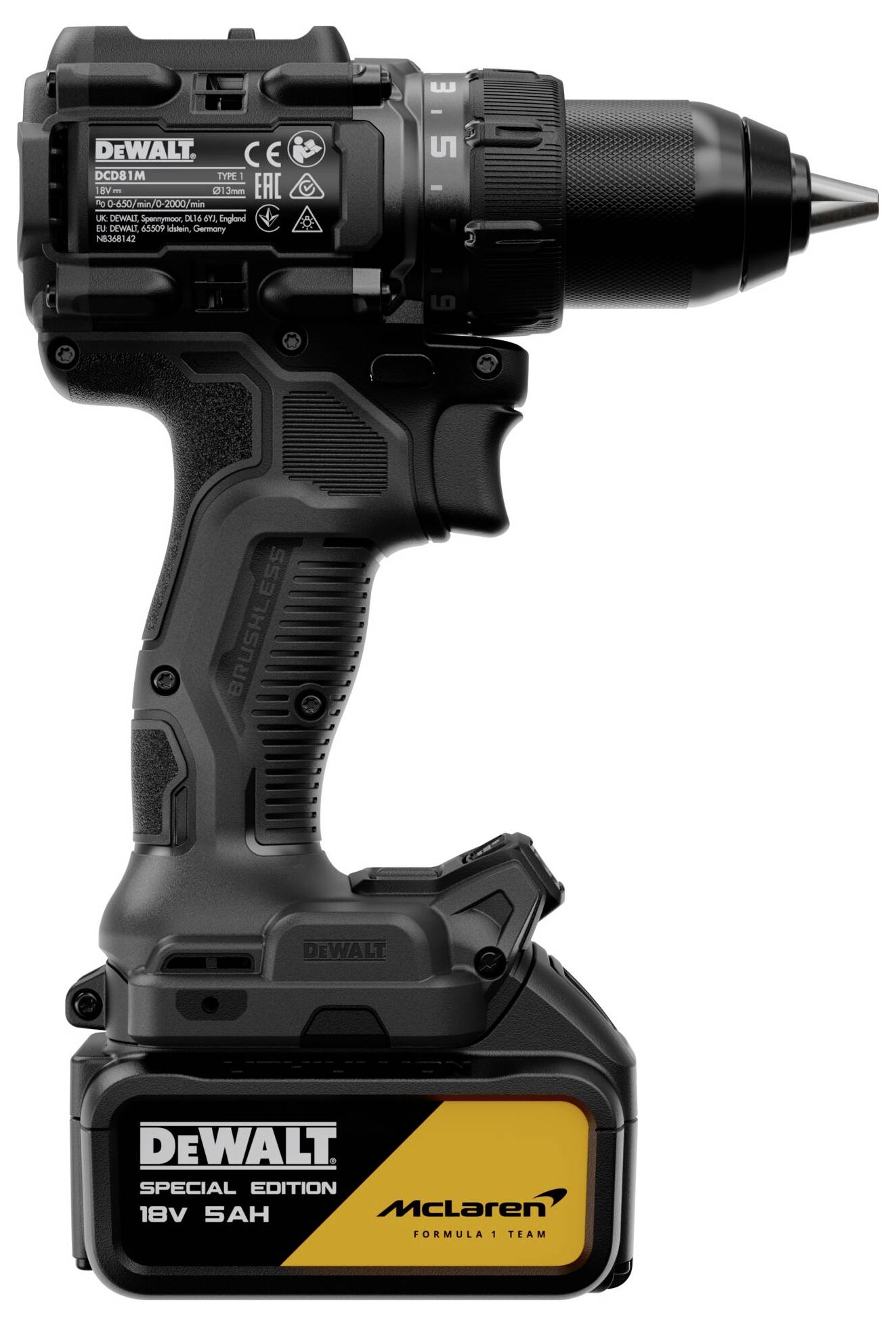 Schwarzer DEWALT Akku-Bohrer mit Batteriepack, in der Profilansicht auf weißem Hintergrund abgebildet, mit den Bezeichnungen „Special Edition