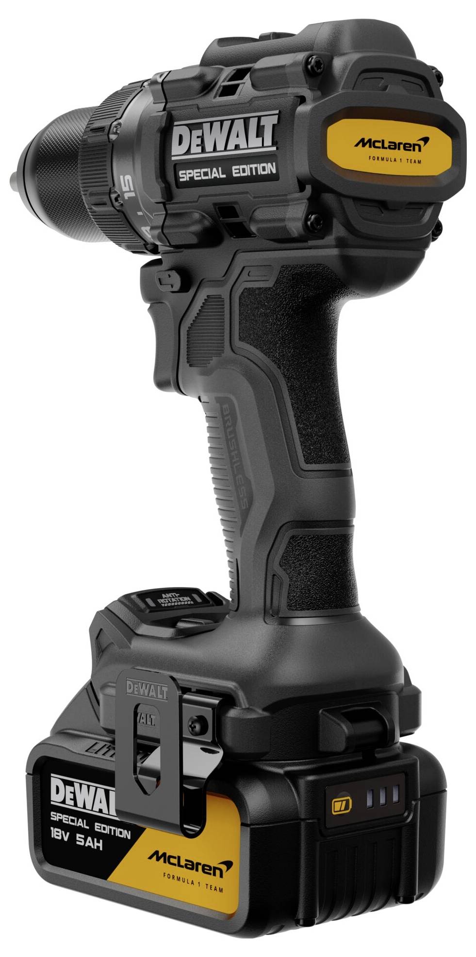 DeWalt Sonderedition McLaren kabelloses Elektrowerkzeug mit Akkupack, gezeigt in schwarz-gelber Farbgebung auf weißem Hintergrund