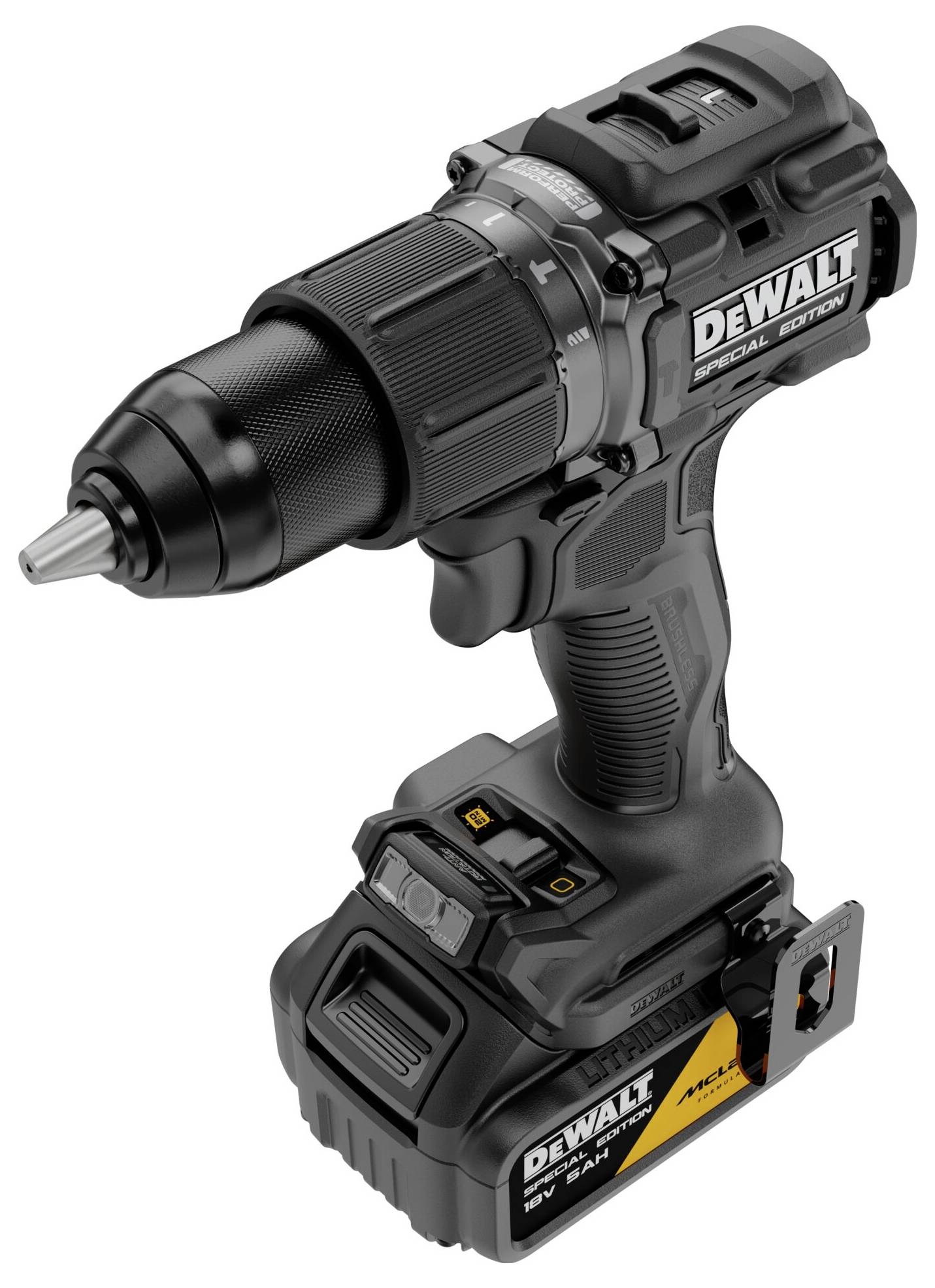 Schwarze DeWalt-Akku-Bohrmaschine mit Akku, gezeigt in Seitenansicht auf weißem Hintergrund.