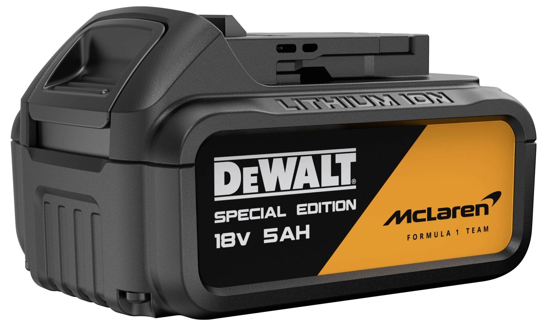 DeWalt Spezialedition 18V 5Ah Akku mit McLaren Formel-1-Team-Branding.