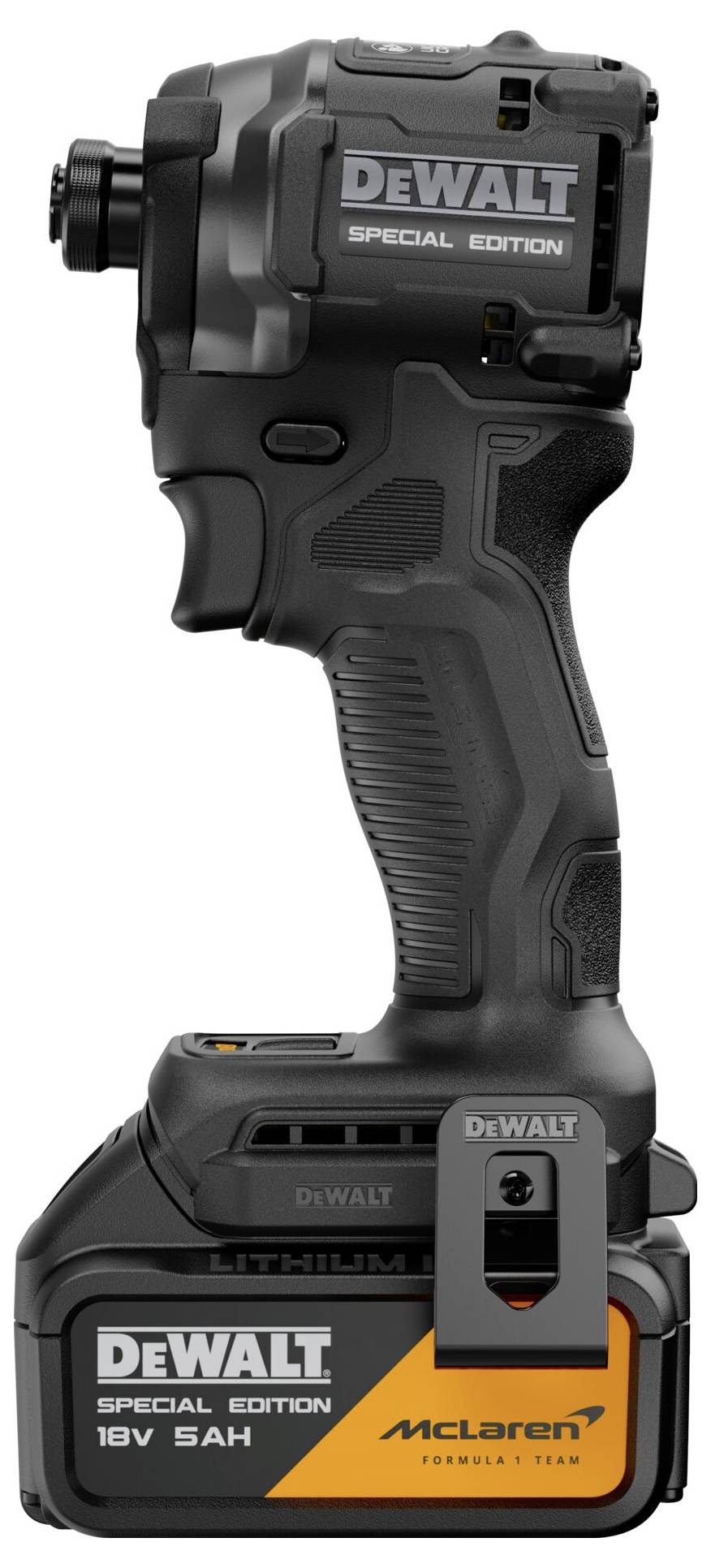 Schwarzes DEWALT Spezialedition Schnurlosgerät mit McLaren Formel-1-Branding auf der Akkubasis.