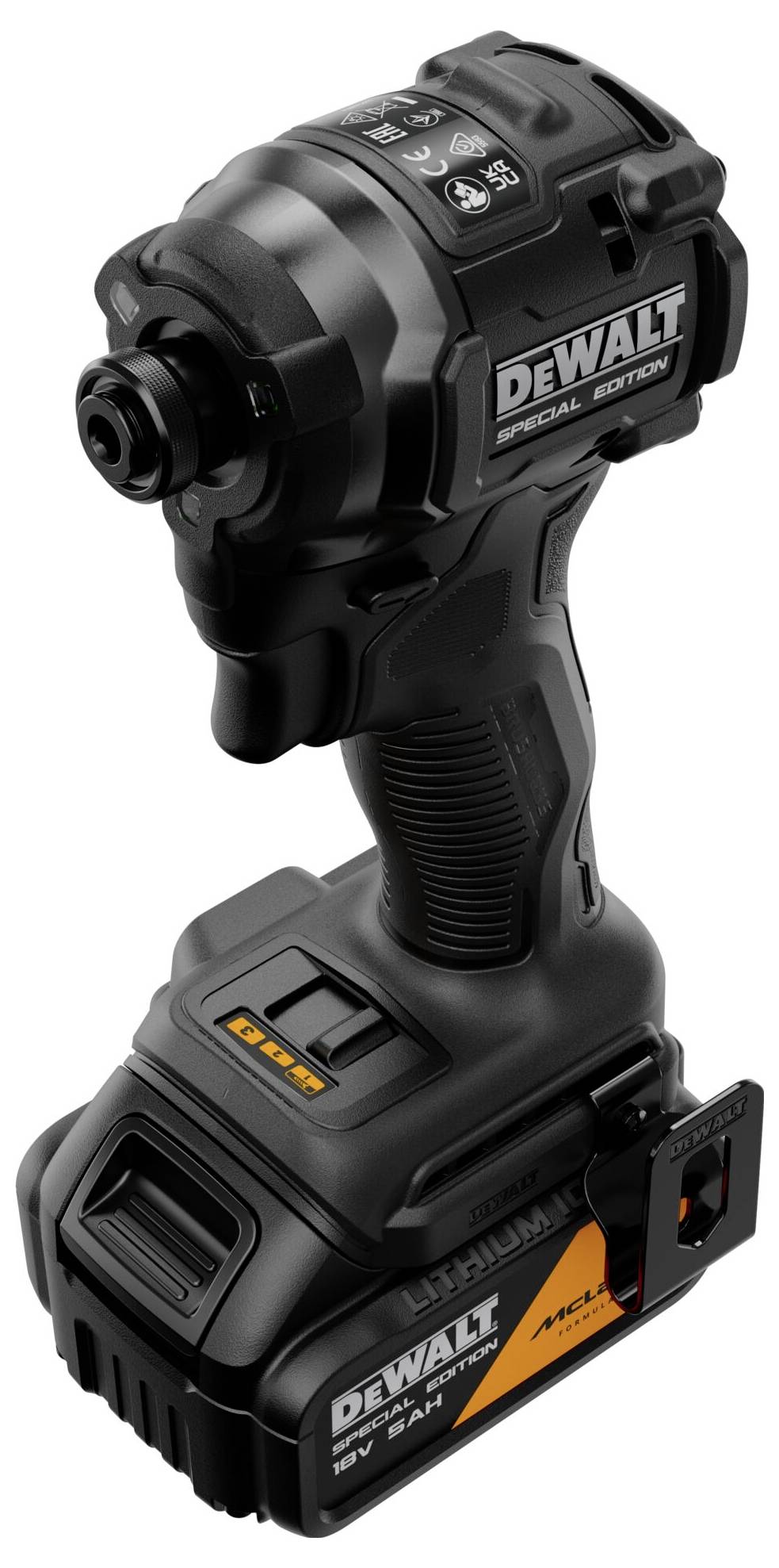 Schwarzer DeWalt Akku-Schlagschrauber mit Akku-Pack, gezeigt auf weißem Hintergrund.
