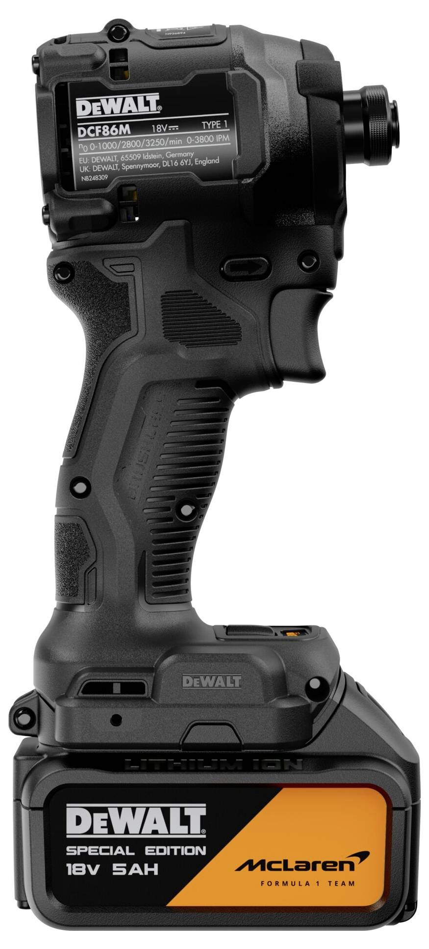 Schwarzer DeWalt kabelloses Schlagbohrwerkzeug mit angebrachtem Akku, gekennzeichnet als 'McLaren Formel-1-Team' Spezialausgabe.