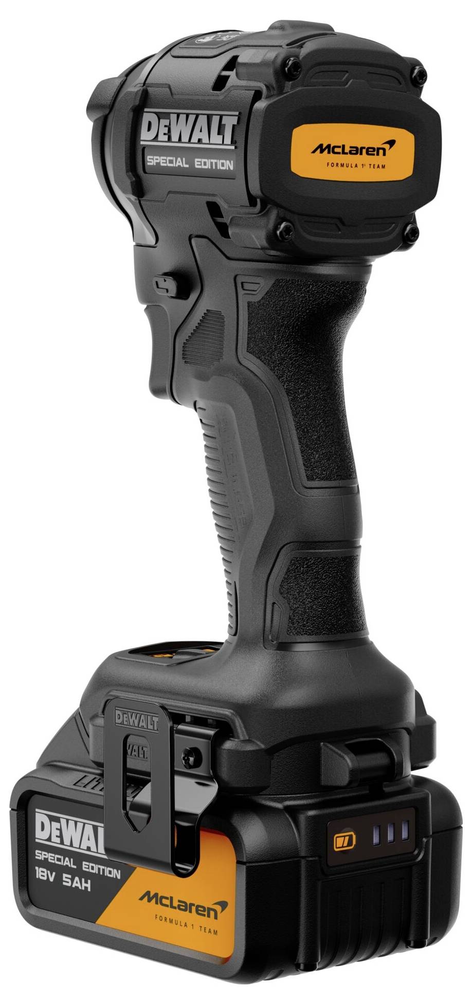 Schwarzer DeWalt McLaren 18V Akku-Schlagschrauber mit Akku-Pack, in Seitenansicht auf weißem Hintergrund dargestellt.