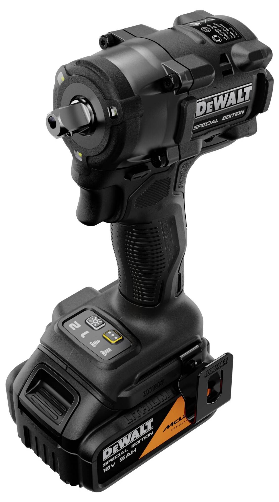 Schwarzer DEWALT Akku-Schlagschrauber mit Akkupack, in Profilansicht auf weißem Hintergrund dargestellt.