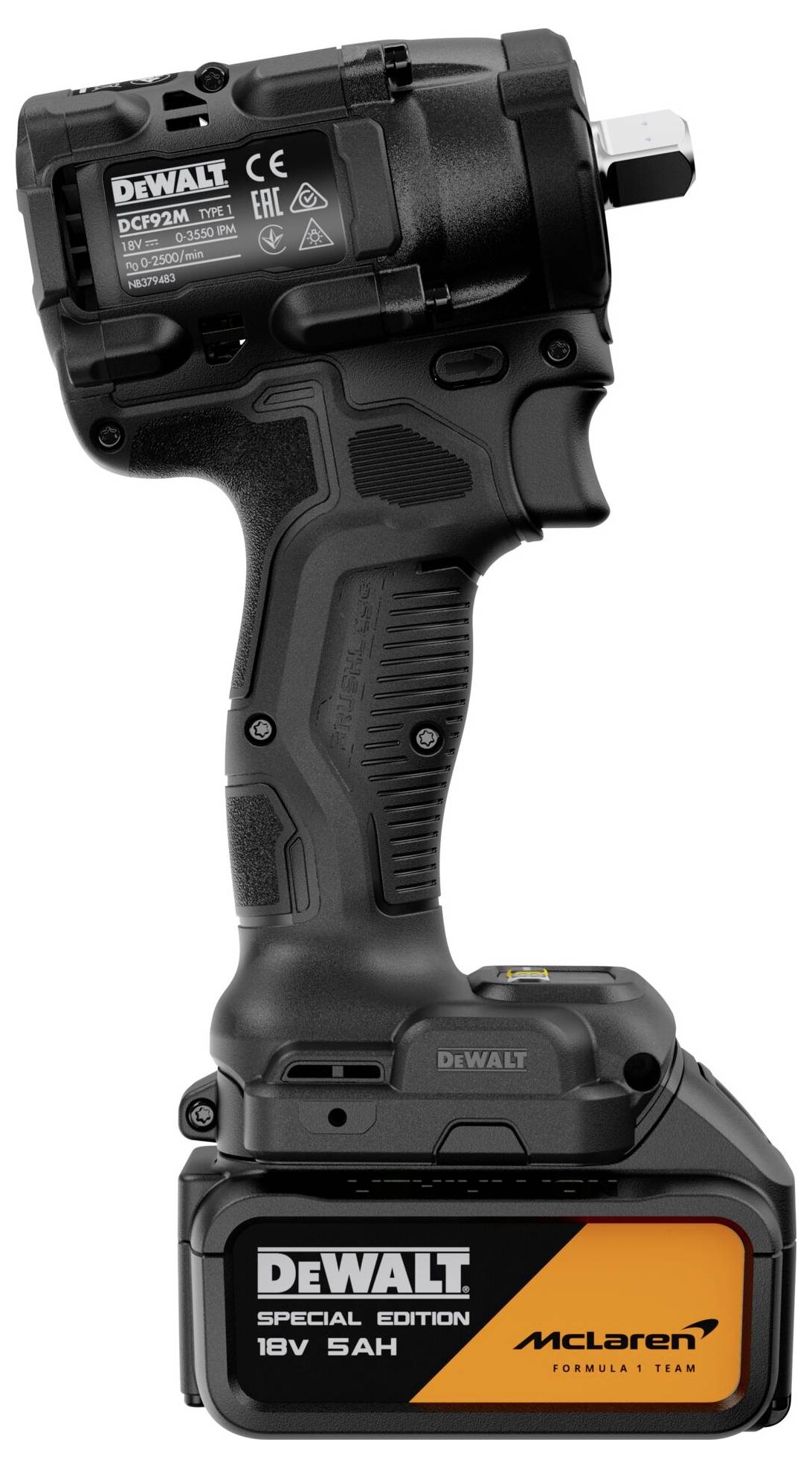 Schwarzer DeWalt Akku-Schlagschrauber mit 18V Batterie und orangefarbiger McLaren Formel-1-Team Spezialausgabe Branding.