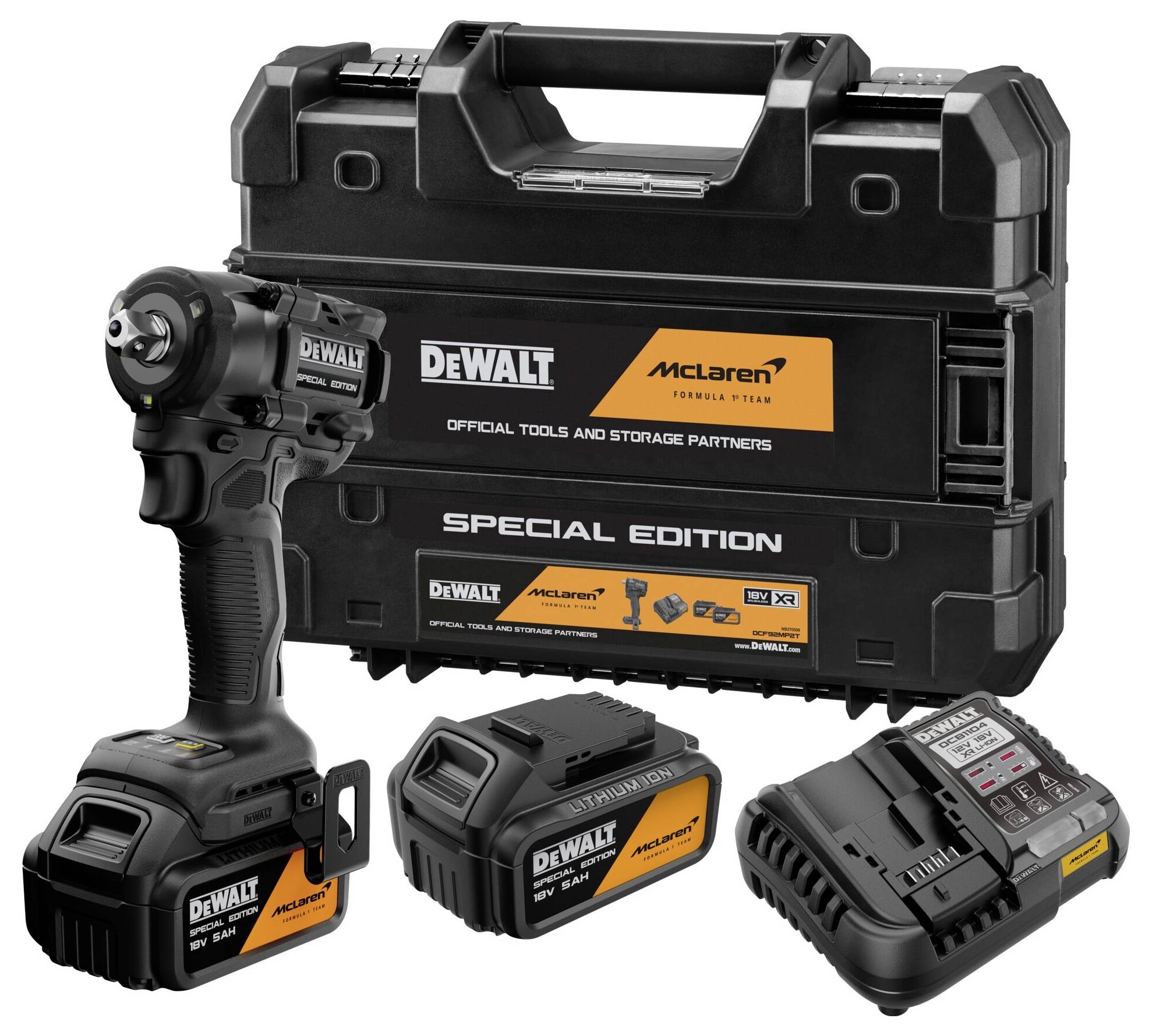 DeWalt McLaren Sonderedition-Akku-Schlagschrauber-Set mit Transportkoffer, zwei Akkus und Ladegerät.