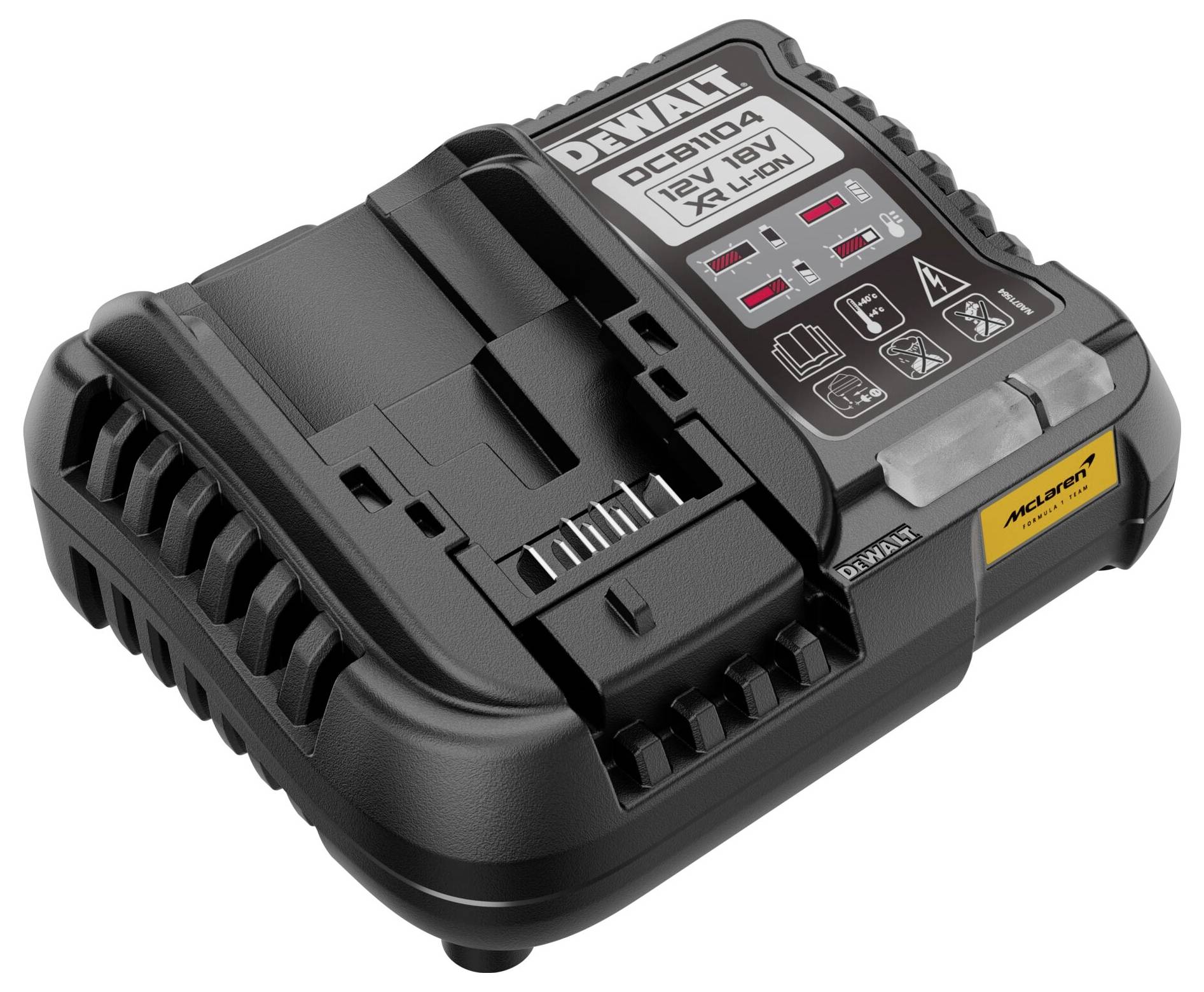 DeWalt 18V XR Li-Ionen-Batterieladegerät mit Statusleuchten und Ladeanzeige, auf weißem Hintergrund dargestellt.