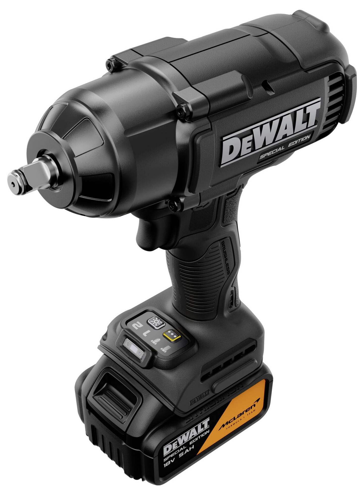 Schwarze DEWALT kabellose Schlagschrauber mit Akkupack, auf weißem Hintergrund dargestellt.