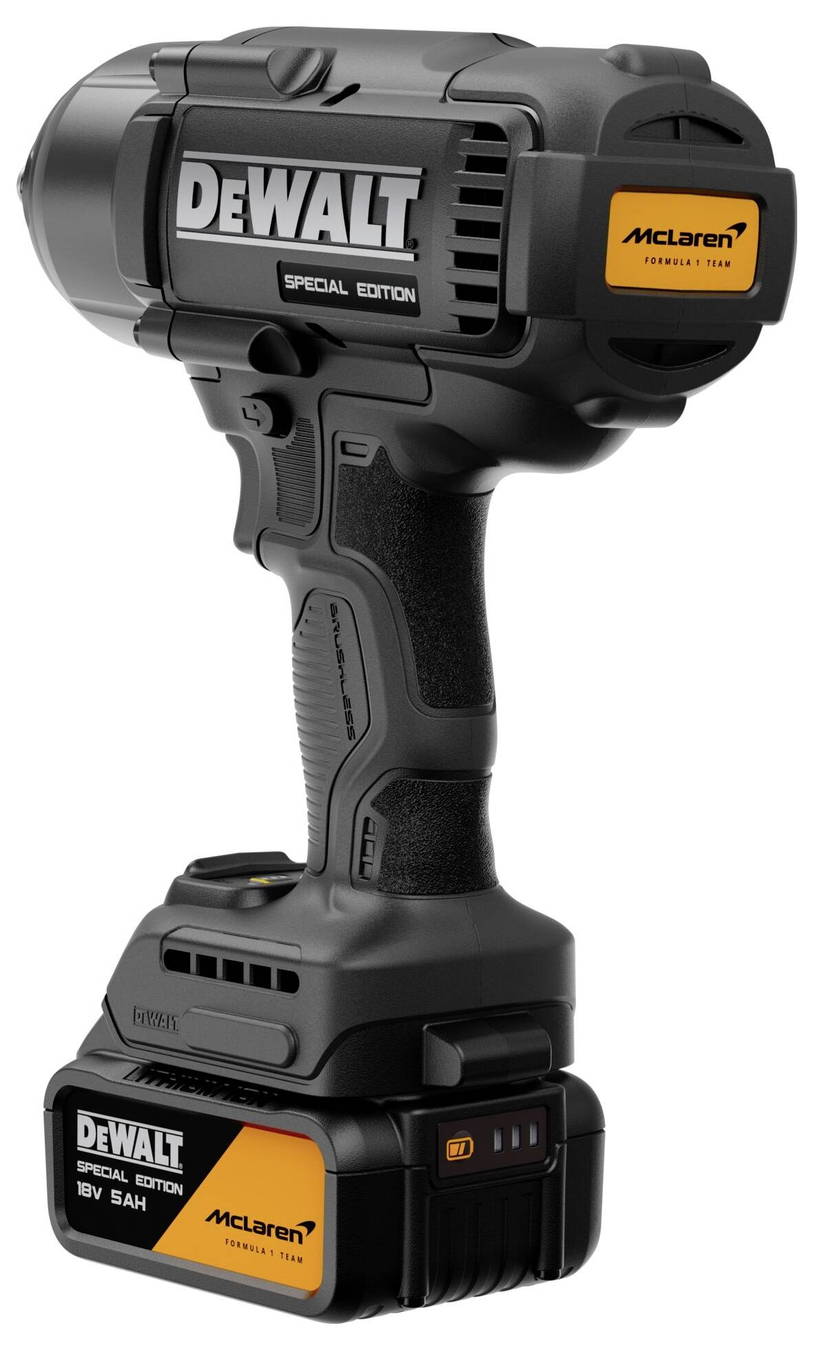 Schwarzes DeWalt x McLaren Sondereditions-Akku-Elektrowerkzeug mit Akku-Pack, gezeigt in Seitenansicht auf weißem Hintergrund.