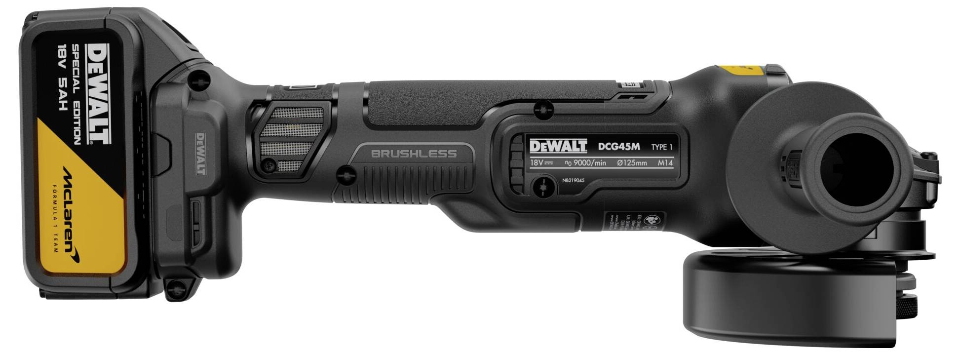 Schwarze kabellose Schleifmaschine von DEWALT in Seitenansicht, mit gelbem Akku und angebrachtem Seitengriff.