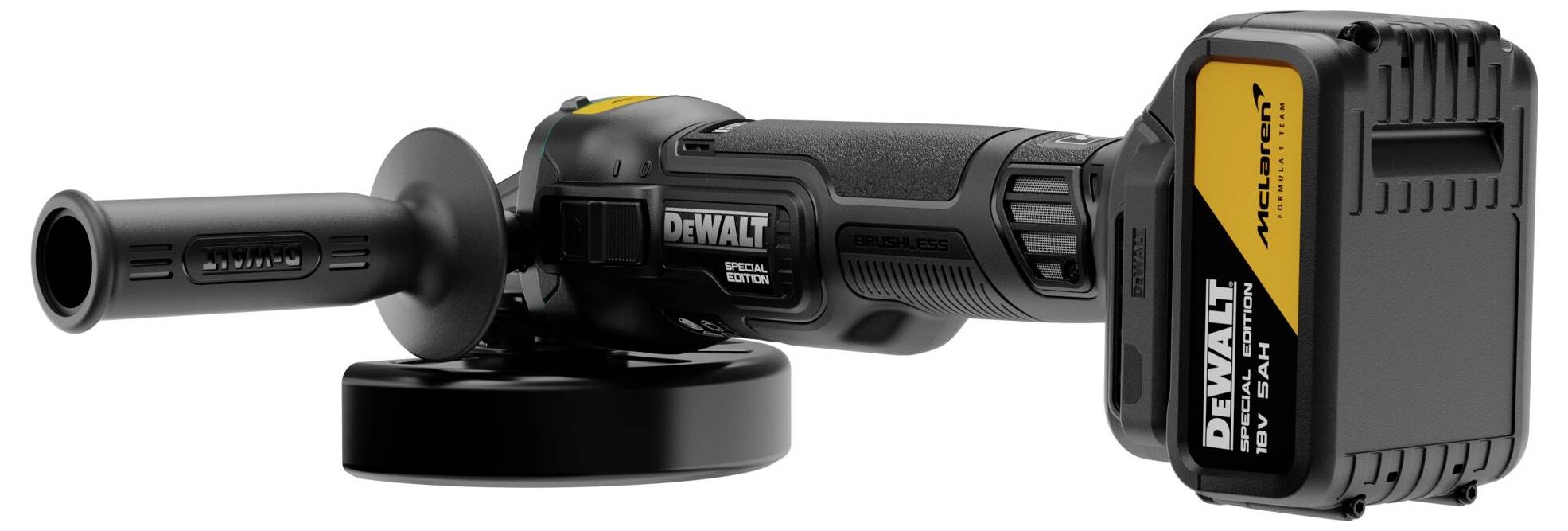DeWalt Akku-Winkelschleifer mit Seitengri­ff und Akkupack, auf weißem Hintergrund dargestellt.