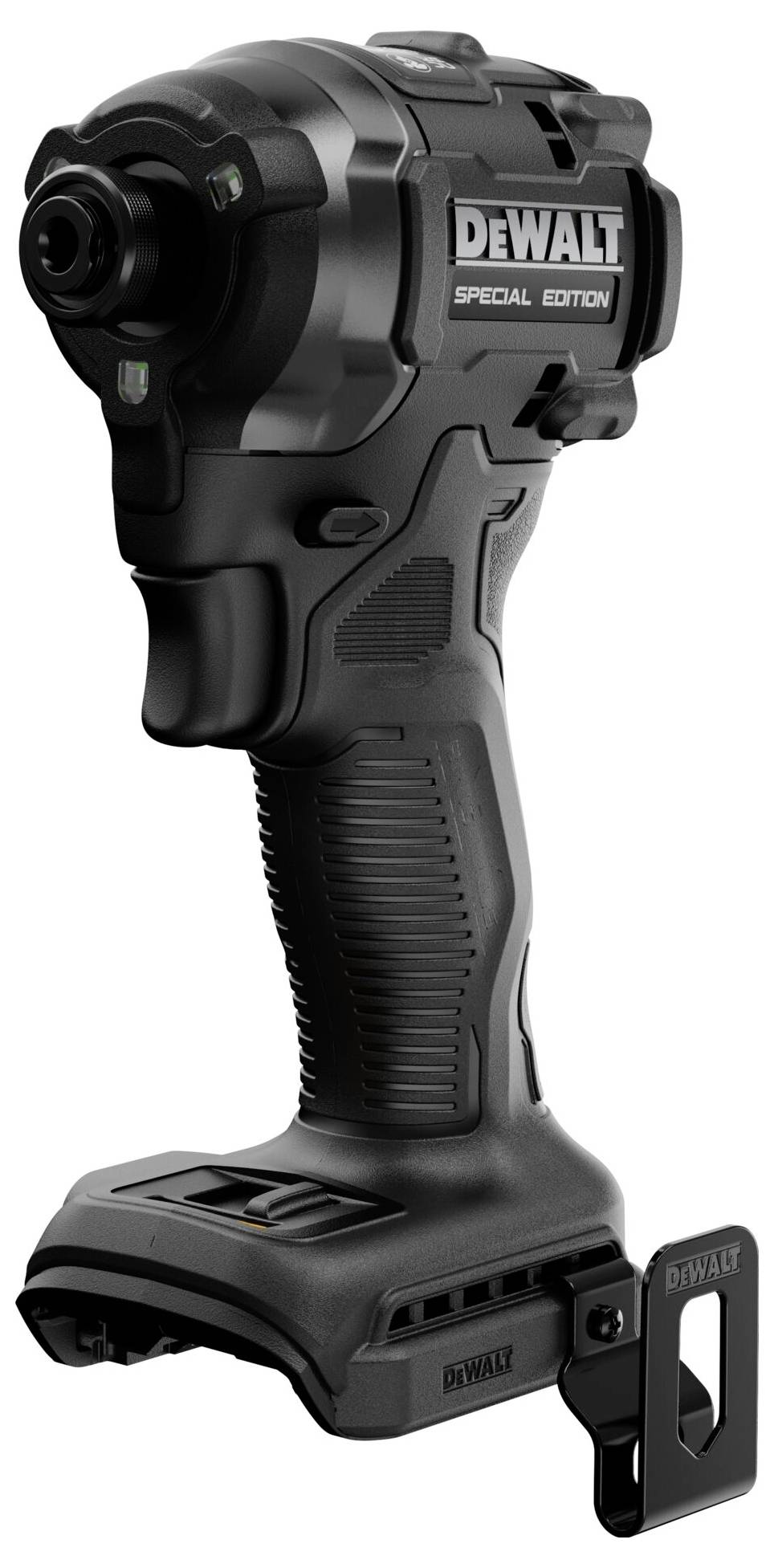 Schwarzer DEWALT Spezialausgabe Akku-Schlagschrauber aufrecht auf seiner Batteriebasis präsentiert, mit kompaktem Pistolengriff und Gürtelclip.