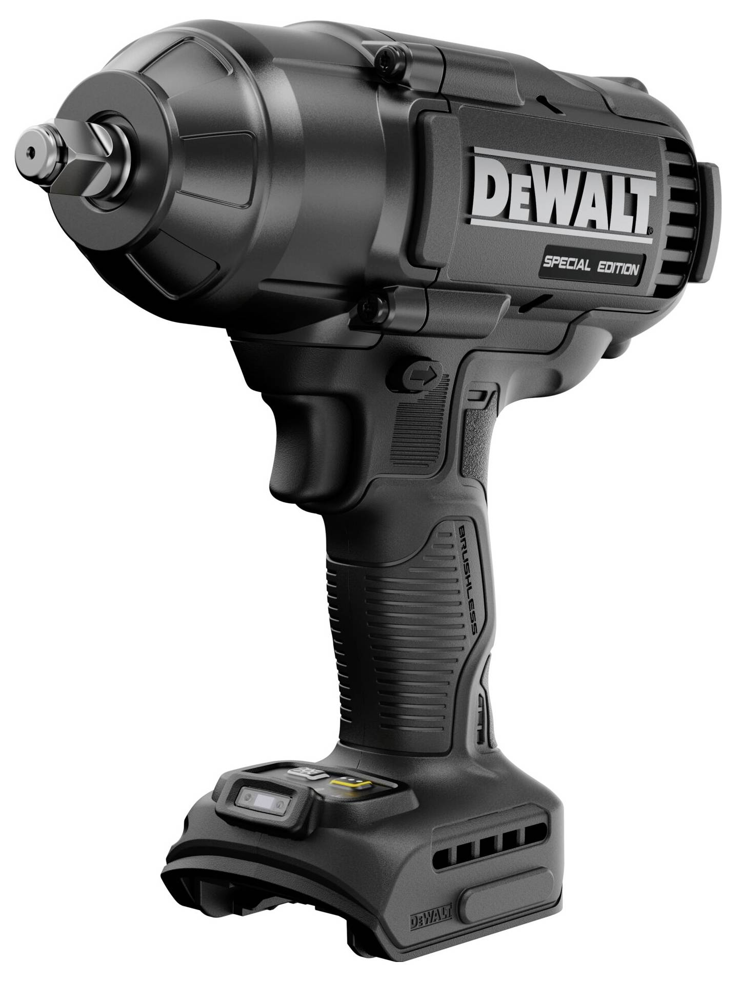 Schwarze DeWalt Akku-Schlagschrauber, Seitenansicht, beschriftet mit „DEWALT