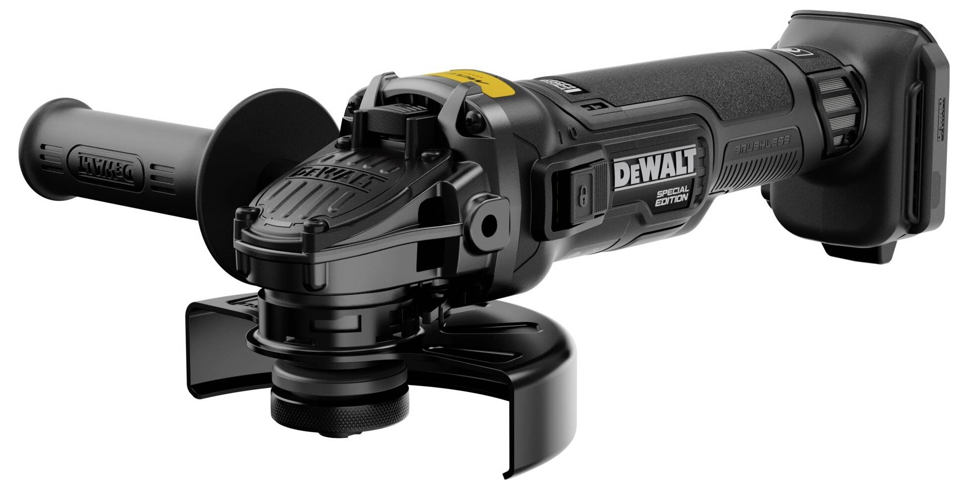Schwarze DeWalt kabellose Winkelschleifer mit Seitengriff und Schutzvorrichtung auf weißem Hintergrund.