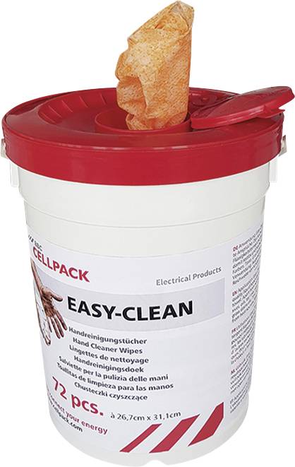Roter Behälter mit Easy-Clean Handreinigungstüchern mit einer aufziehbaren Tücherspendervorrichtung im Deckel