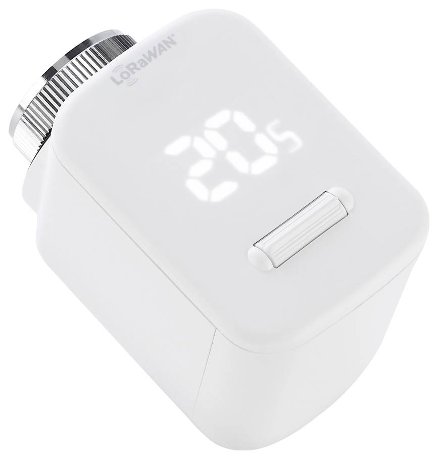 Weißes LoRaWAN-intelligentes Heizkörperthermostat mit digitaler Temperaturanzeige, die 20,5 anzeigt, und einer kleinen manuellen Steuertaste.