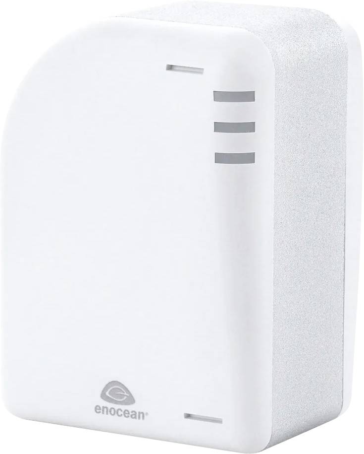 Weiße EnOcean wandmontierte kabellose Sensor- oder Schaltereinheit mit kleinen Anzeigebalken und Logo auf der Vorderseite.