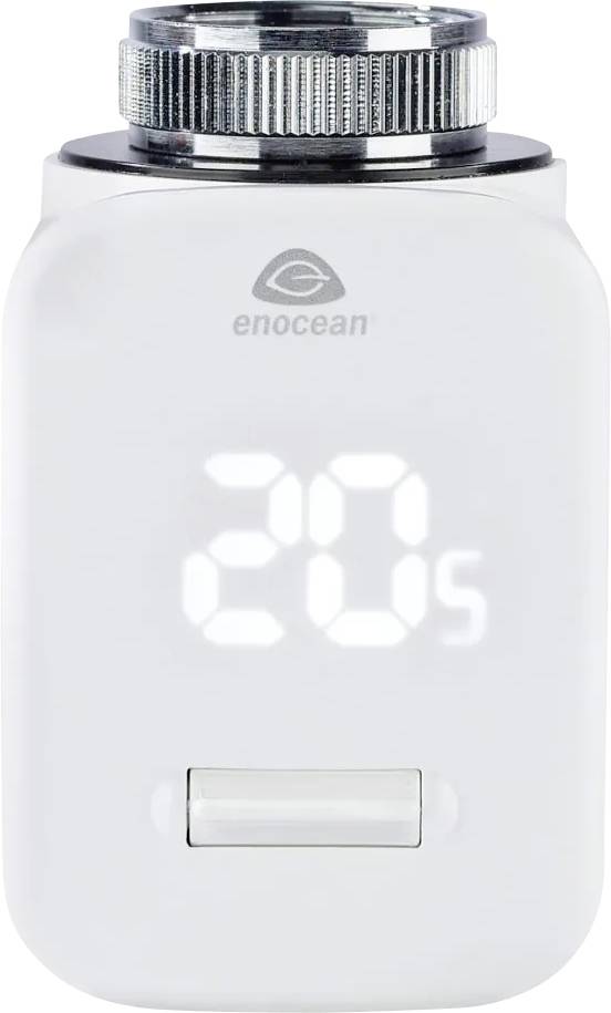 Weißes EnOcean Smart-Thermostatventil mit Display, das 20,5°C anzeigt, und silbernem Einstellknopf oben.