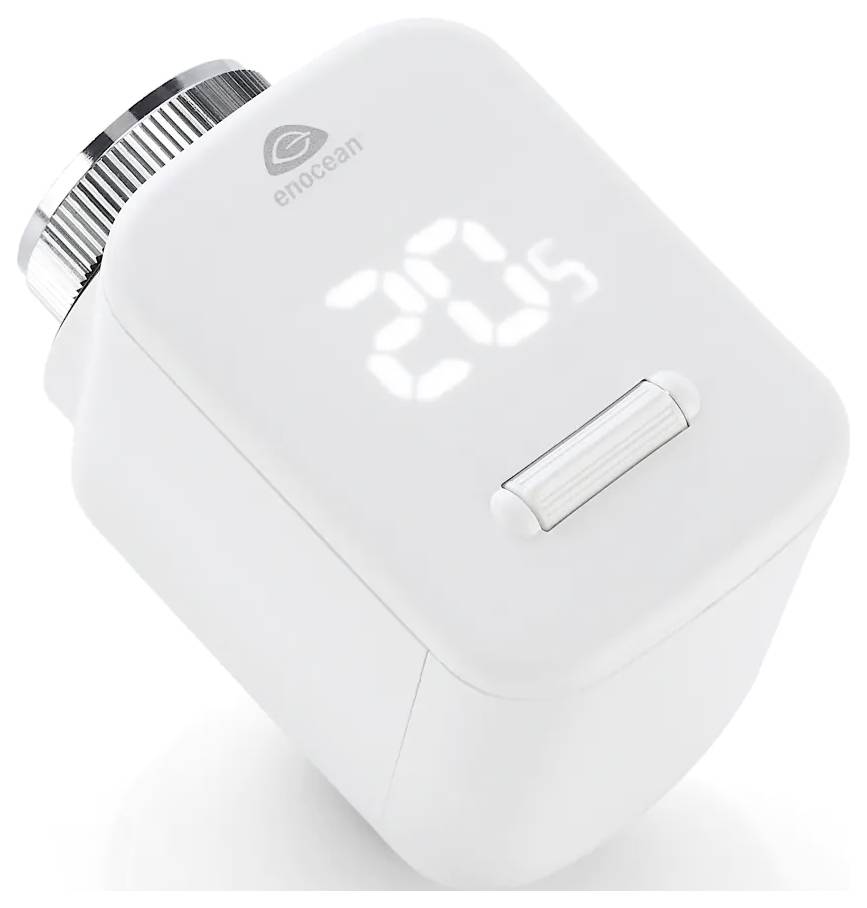 White EnOcean Smart-Thermostat-Ventilregler mit digitalem Temperaturanzeige von 20,5°C und Einstellrad.