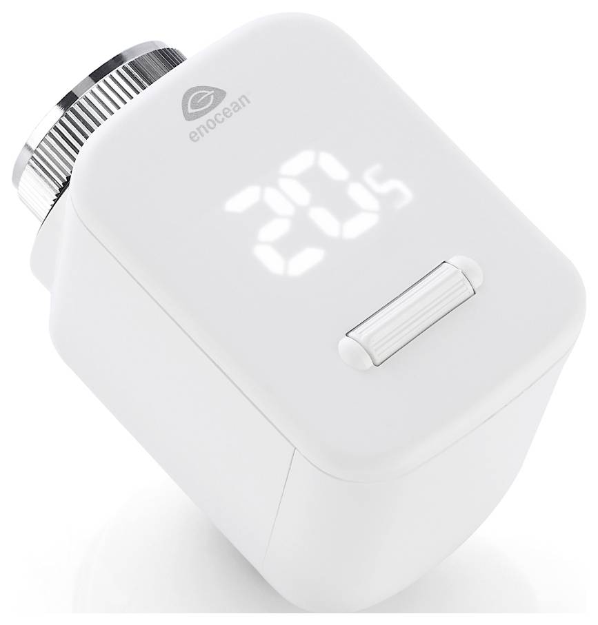 Weißer EnOcean-Thermostat-Ventilsteller mit digitaler Temperaturanzeige und Einstelltaste