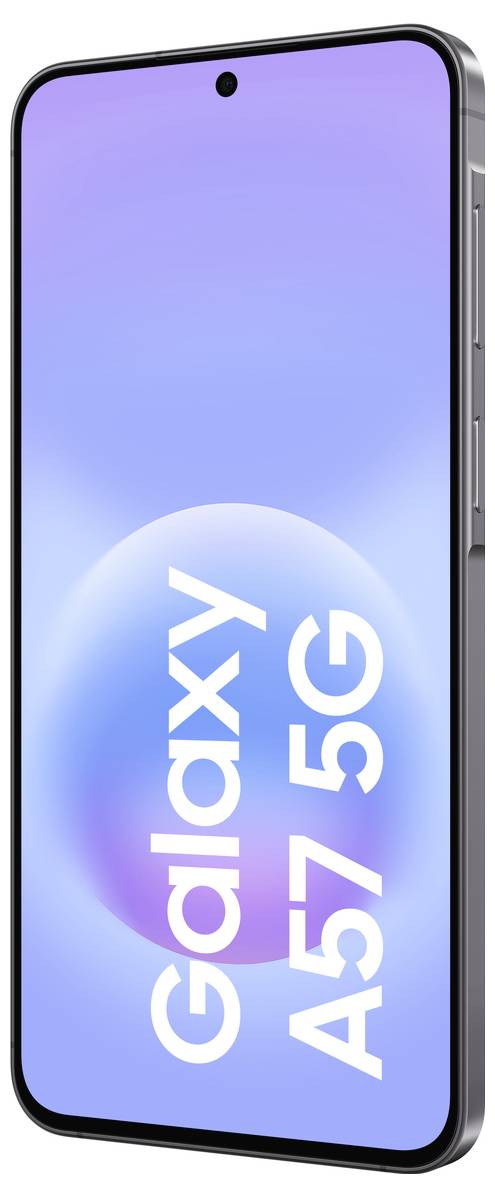 Vorderansicht eines Samsung Galaxy A57 5G Smartphones mit einem blau-violetten Bildschirm und einem zentrierten Frontkamera-Loch.