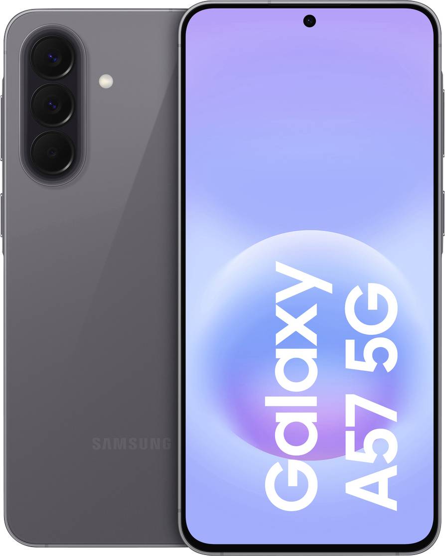Samsung Galaxy A57 5G Smartphone von vorne und hinten gezeigt, mit dreifacher Rückfahrtkamera und einem violett-blauen Display mit der Beschriftung „Galaxy A57 5G