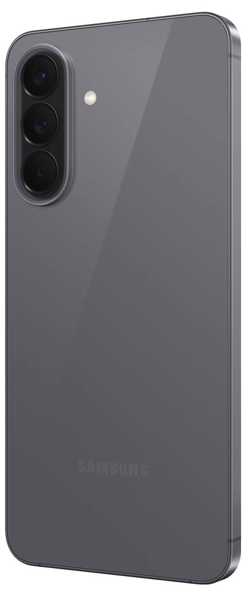 Rückansicht eines grauen Samsung-Smartphones mit dreifach angeordneten vertikalen Kameras und einem Blitz in der oberen linken Ecke.