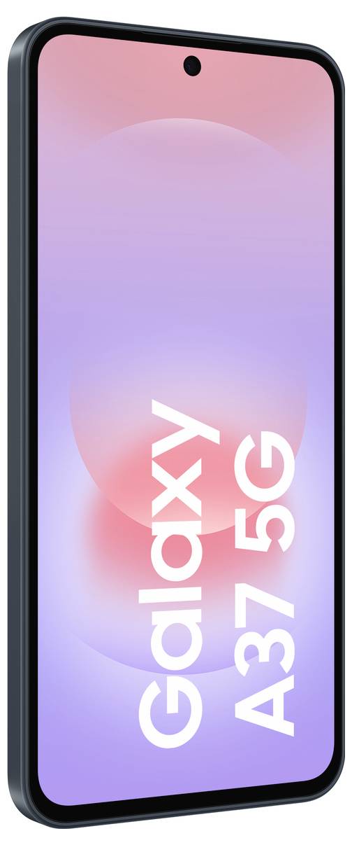 Samsung Galaxy A37 5G-Smartphone in Schrägansicht mit rosapurpurfarbenem Gradient-Bildschirm und zentrierter Loch-Frontkamera.
