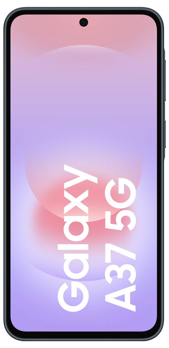 Samsung Galaxy A37 5G Smartphone in Vorderansicht mit Punch-Hole-Display und violett-rosa Farbverlauf-Bildschirm, auf dem der Text „Galaxy A37 5G