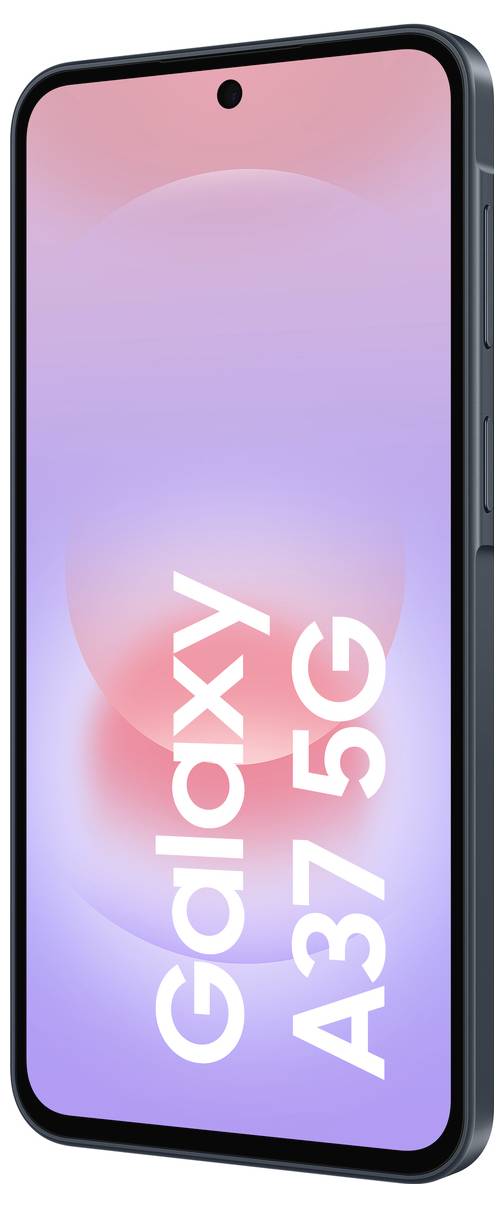 Frontansicht eines Samsung Galaxy A37 5G Smartphones mit rosa-violettem Farbverlauf-Bildschirm und Text „Galaxy A37 5G